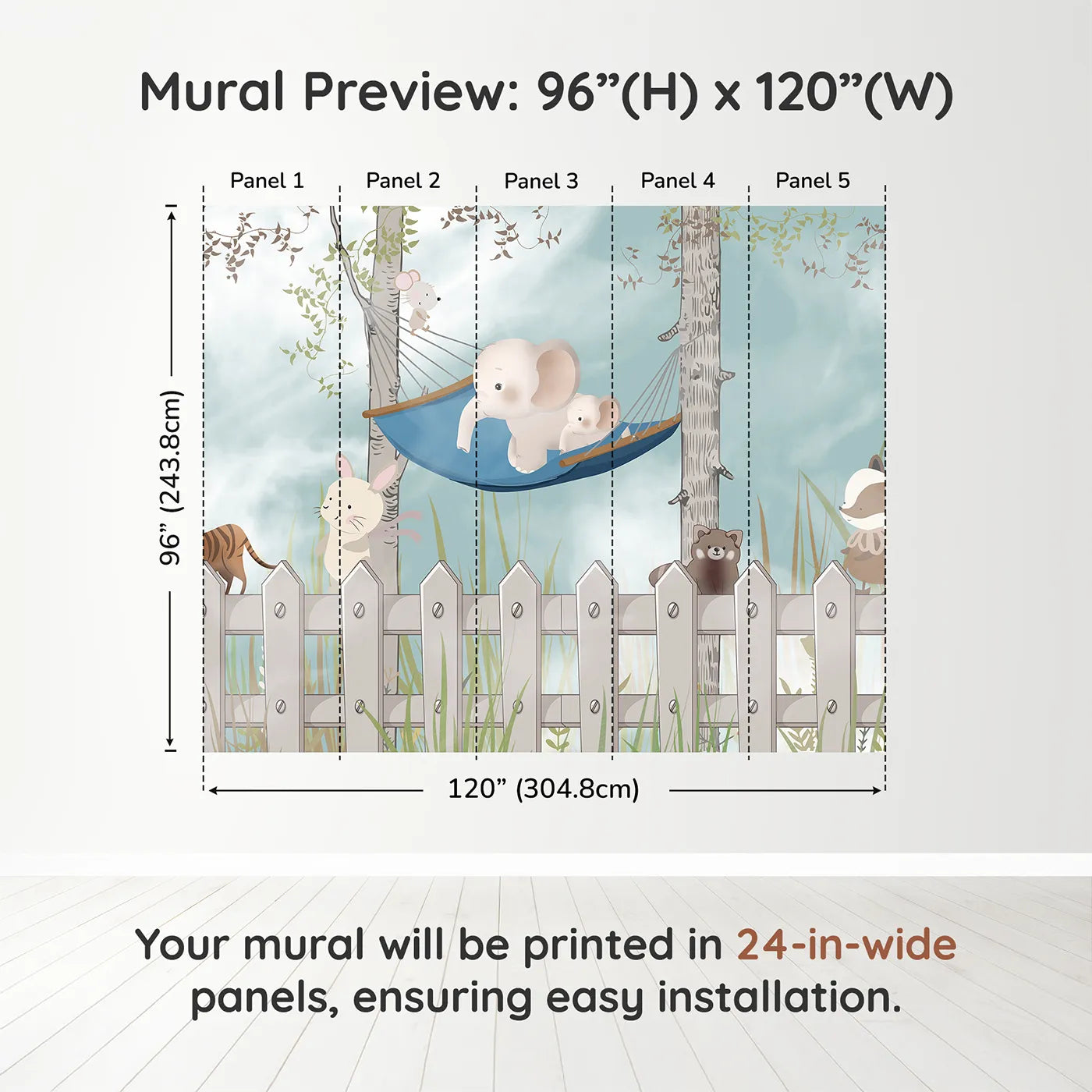 Whimsy Tots Backyard Friends Wall Muraldimension view (96" H x 120" W). Printed in five 24-inch-wide panels. Gender-Neutral