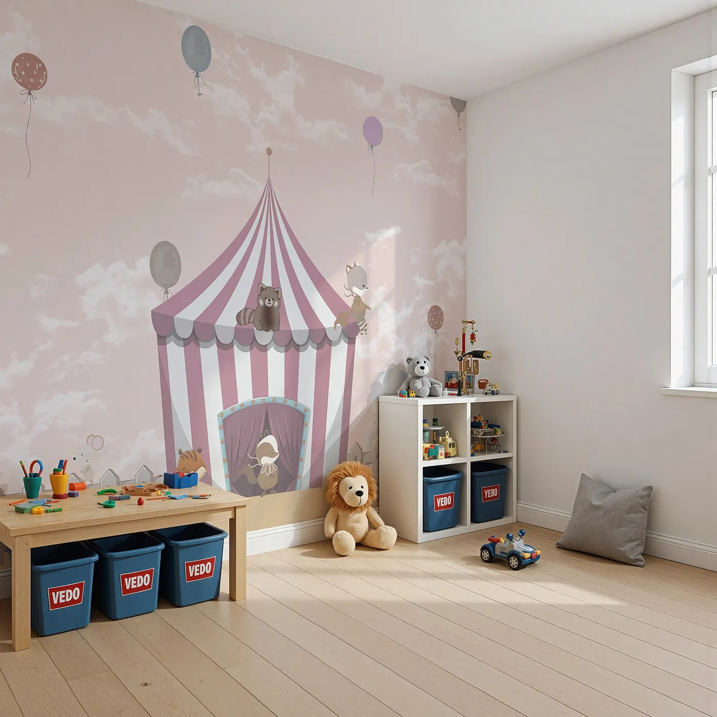 Angled view of Whimsy Tots' Animal Circus Wall Mural (Turn Their Room into the Sweetest, Most Whimsical Show on Earth).Gender-Neutral