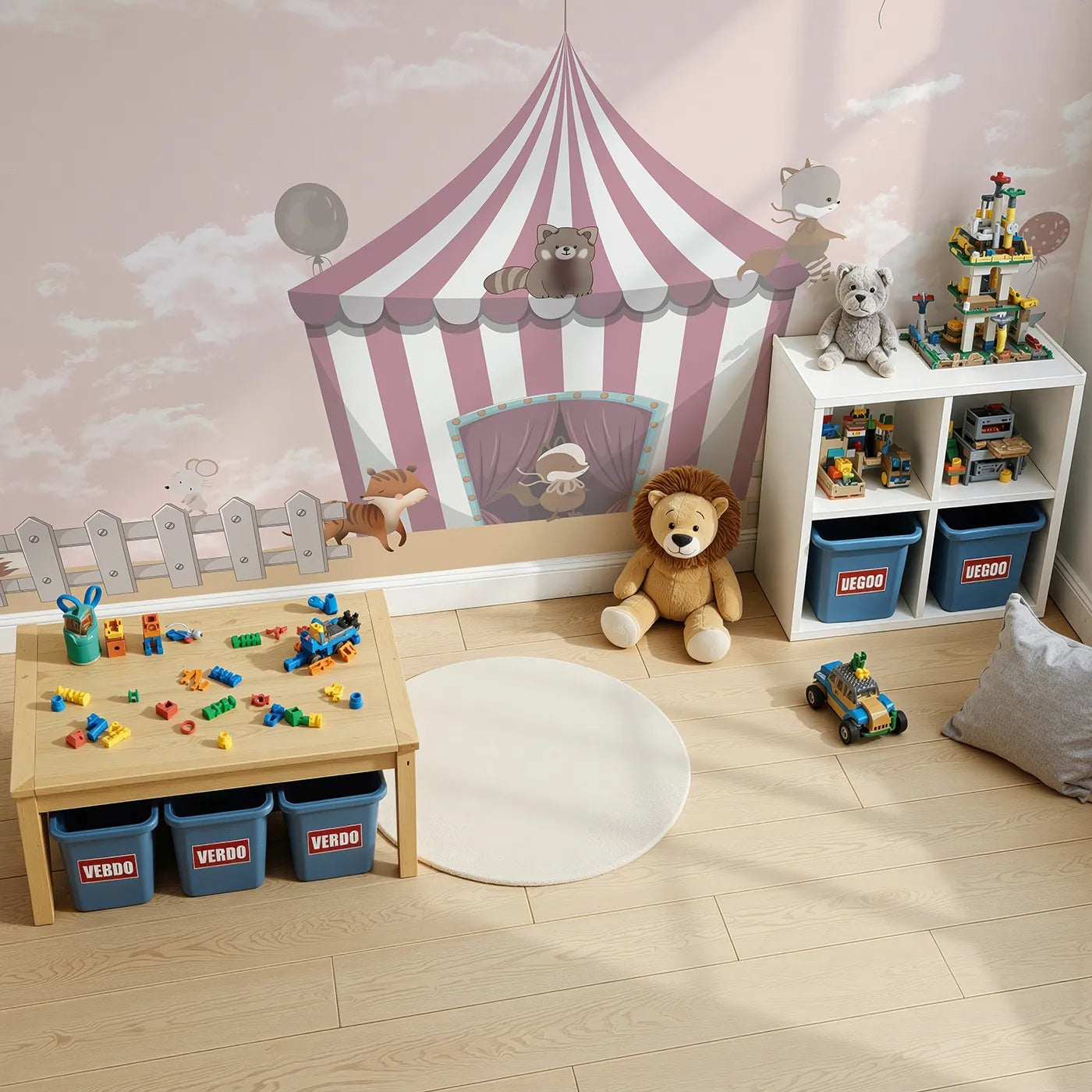 Top-down view of Whimsy Tots' Animal Circus Wall Mural (Turn Their Room into the Sweetest, Most Whimsical Show on Earth).Gender-Neutral