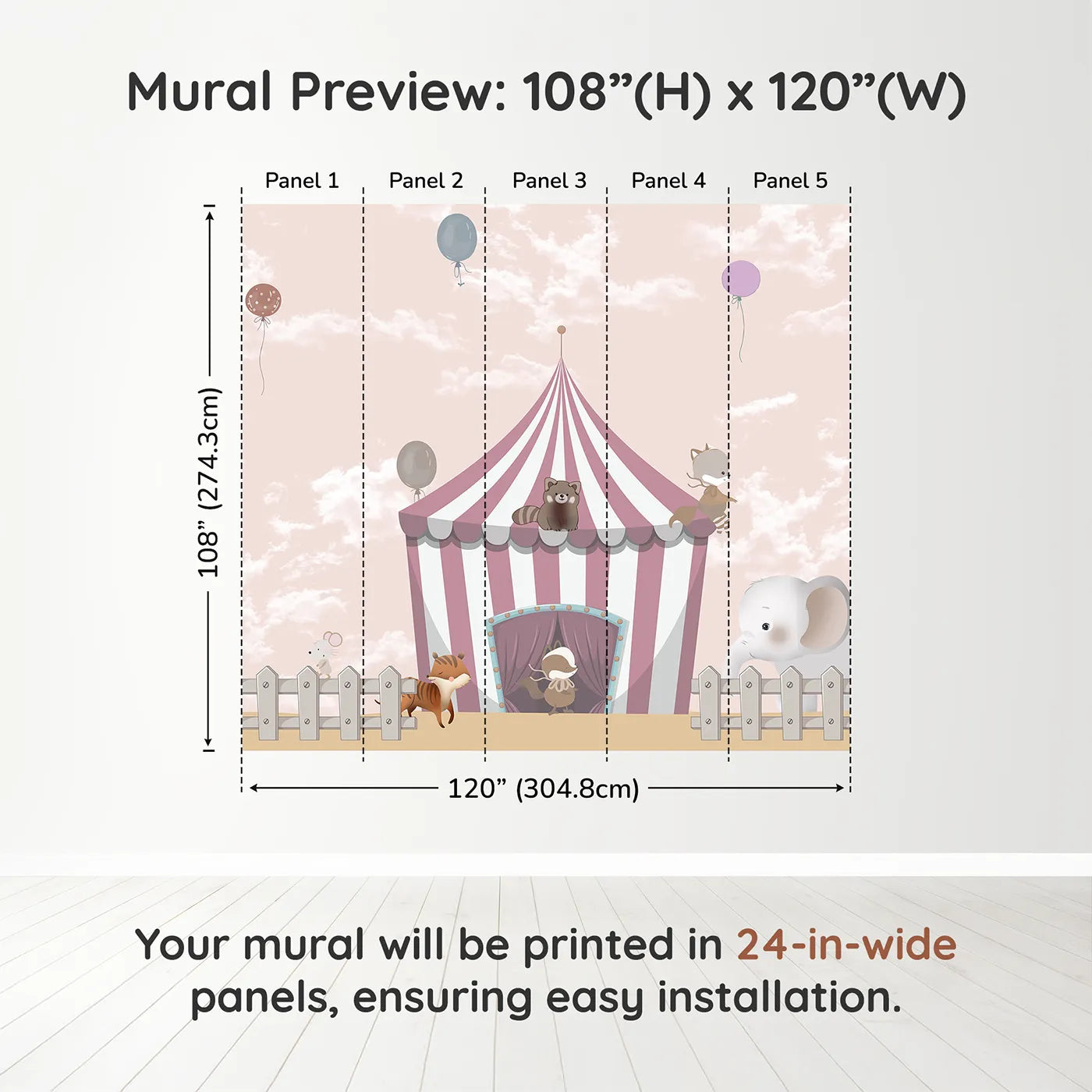 Whimsy Tots Animal Circus Wall Muraldimension view (108" H x 120" W). Printed in five 24-inch-wide panels. Gender-Neutral