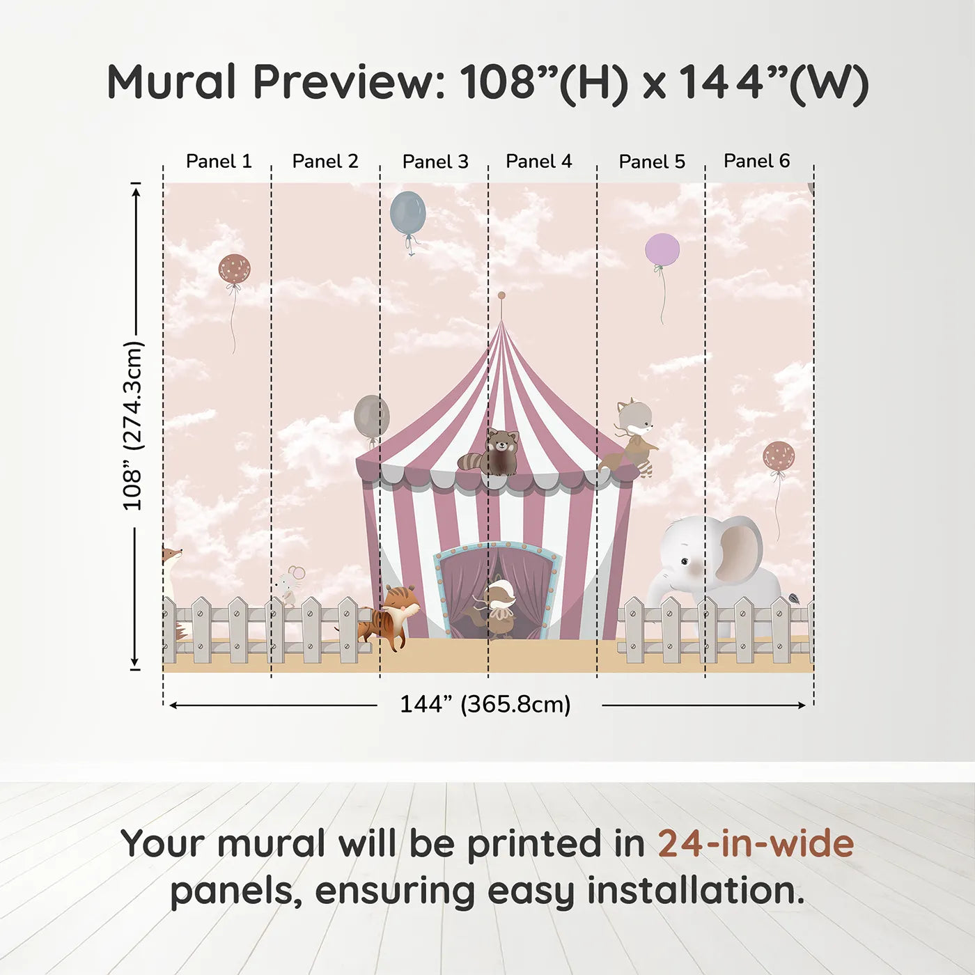 Whimsy Tots Animal Circus Wall Muraldimension view (108" H x 144" W). Printed in six 24-inch-wide panels. Gender-Neutral