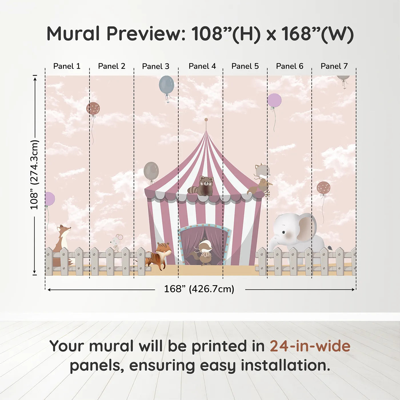 Whimsy Tots Animal Circus Wall Muraldimension view (108" H x 168" W). Printed in seven 24-inch-wide panels. Gender-Neutral