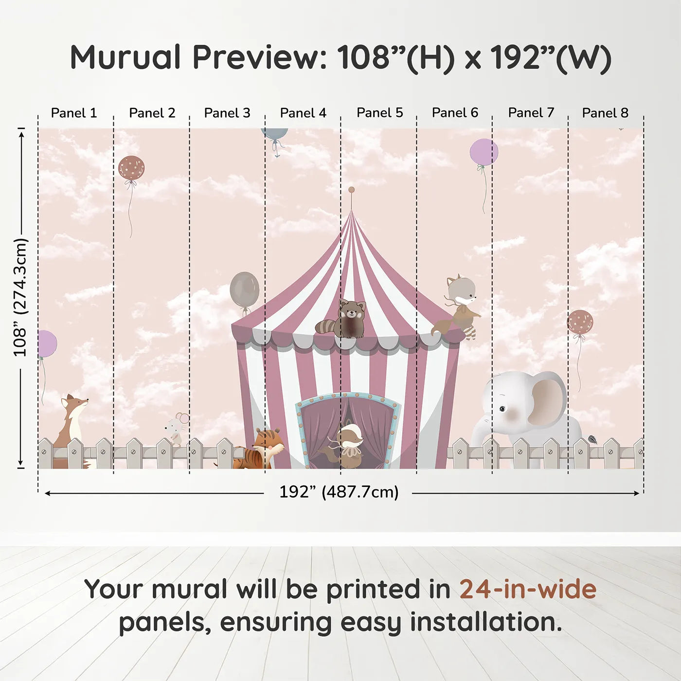 Whimsy Tots Animal Circus Wall Muraldimension view (108" H x 192" W). Printed in eight 24-inch-wide panels. Gender-Neutral