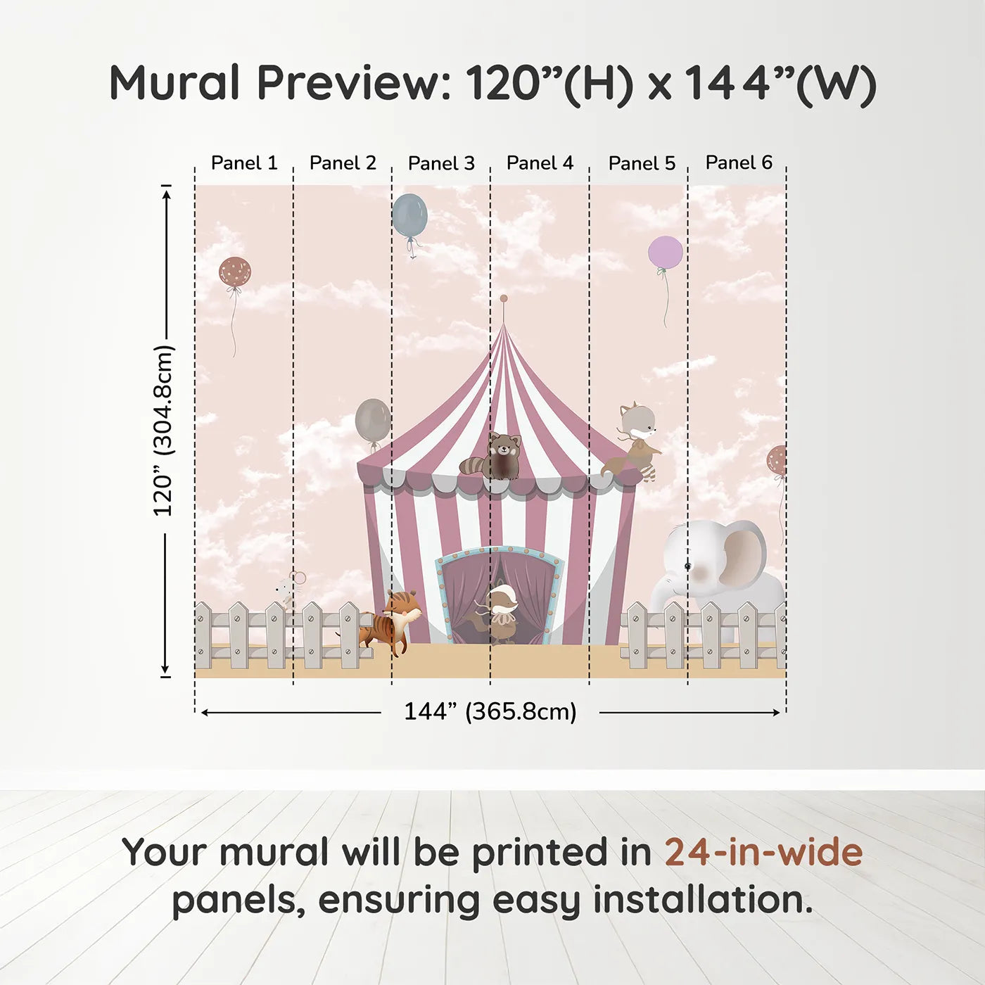 Whimsy Tots Animal Circus Wall Muraldimension view (120" H x 144" W). Printed in six 24-inch-wide panels. Gender-Neutral