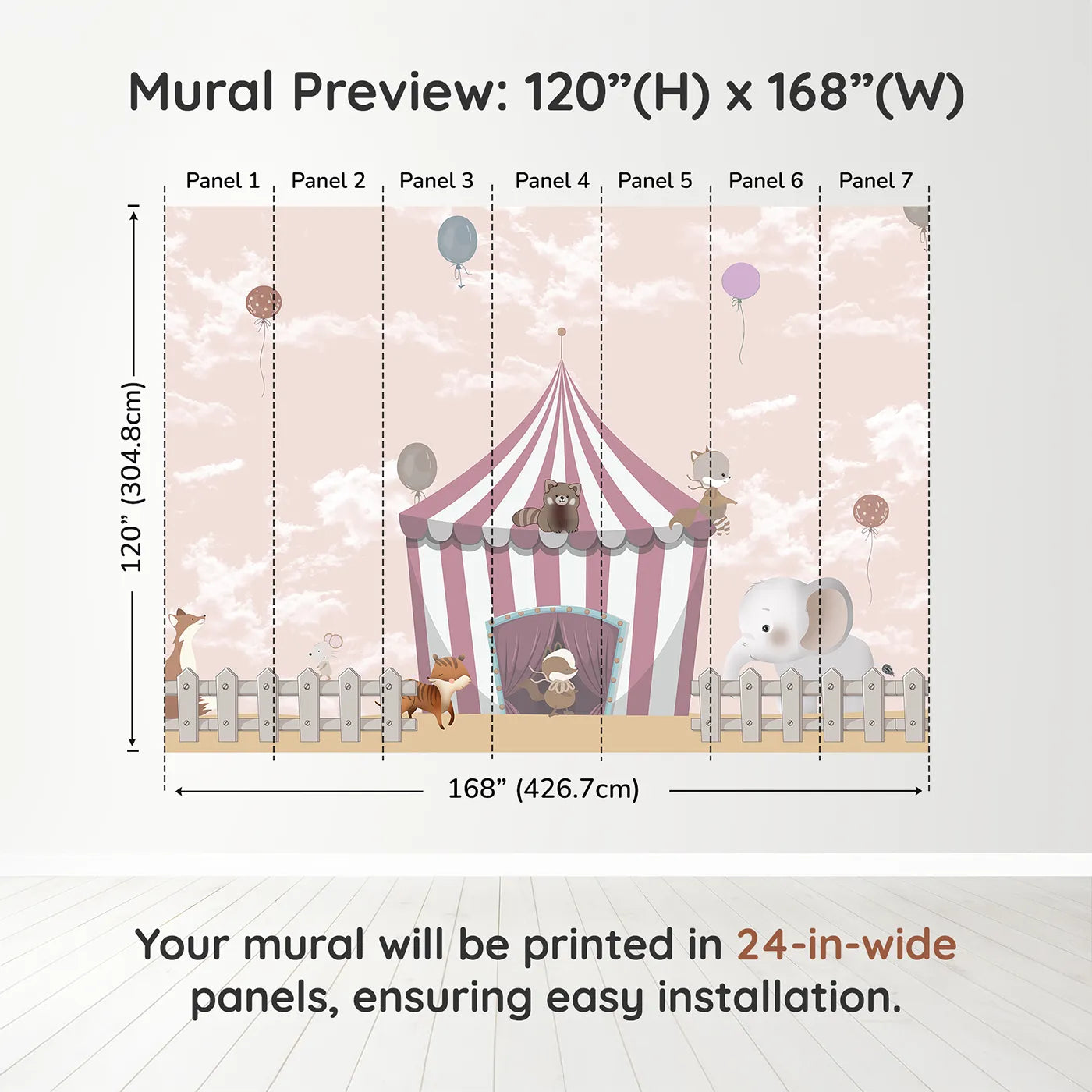 Whimsy Tots Animal Circus Wall Muraldimension view (120" H x 168" W). Printed in seven 24-inch-wide panels. Gender-Neutral