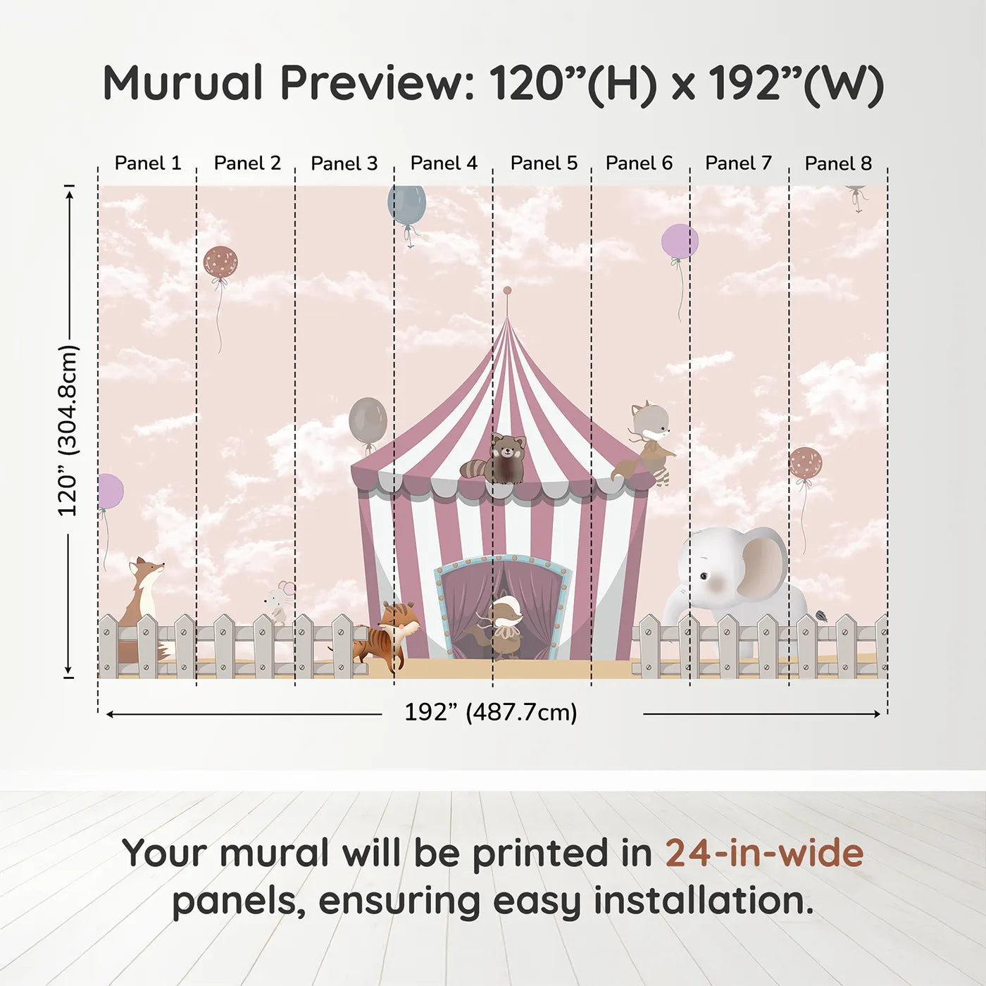Whimsy Tots Animal Circus Wall Muraldimension view (120" H x 192" W). Printed in eight 24-inch-wide panels. Gender-Neutral