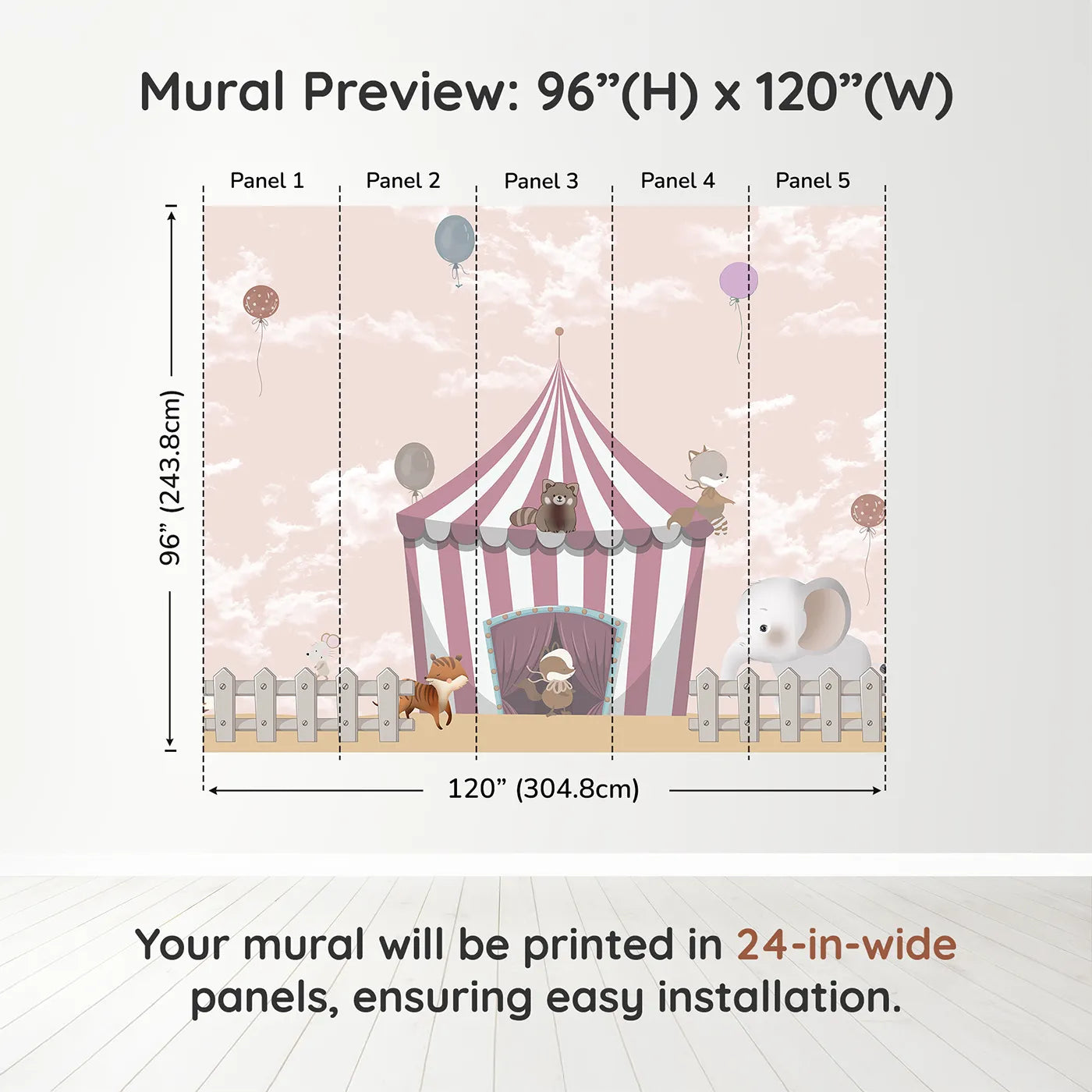 Whimsy Tots Animal Circus Wall Muraldimension view (96" H x 120" W). Printed in five 24-inch-wide panels. Gender-Neutral