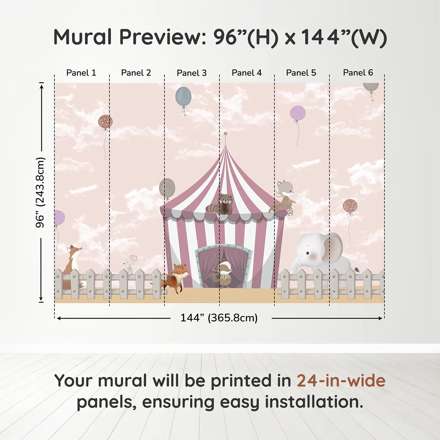 Whimsy Tots Animal Circus Wall Muraldimension view (96" H x 144" W). Printed in six 24-inch-wide panels. Gender-Neutral