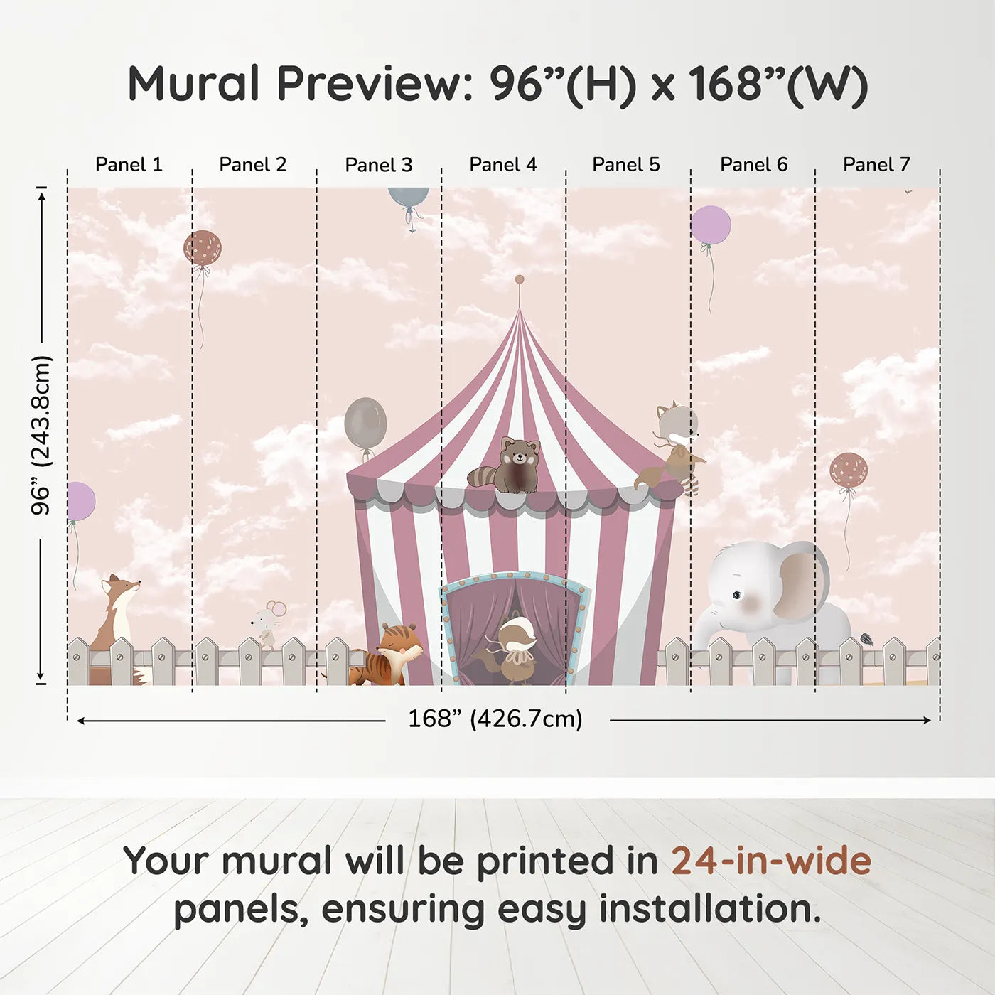 Whimsy Tots Animal Circus Wall Muraldimension view (96" H x 168" W). Printed in seven 24-inch-wide panels. Gender-Neutral