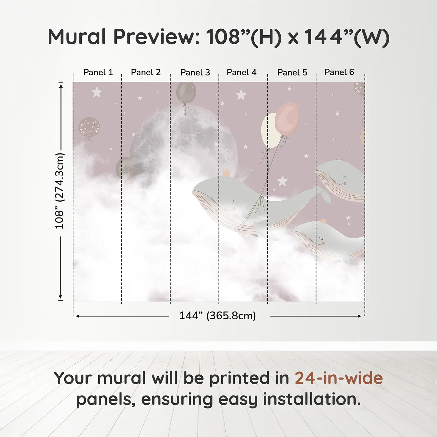 Whimsy Tots Flying Whale Princes Wall Muraldimension view (108" H x 144" W). Printed in six 24-inch-wide panels. Gender-Neutral
