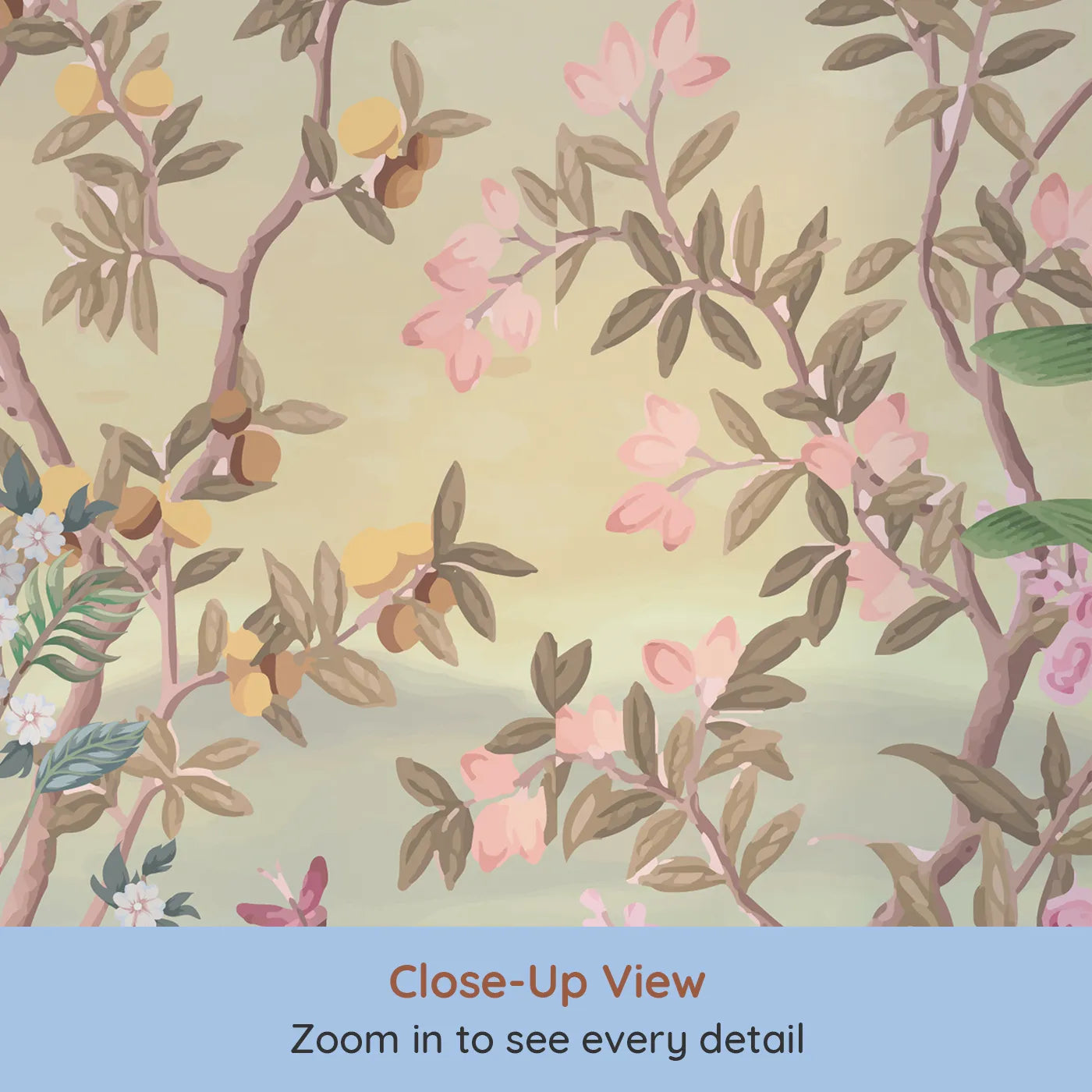 Close-up view of Whimsy Tots' Exotic Bird Garden Wall Mural in Pink (Turn Their Room into a Lush, Hand-Painted Paradise).Gender-Neutral