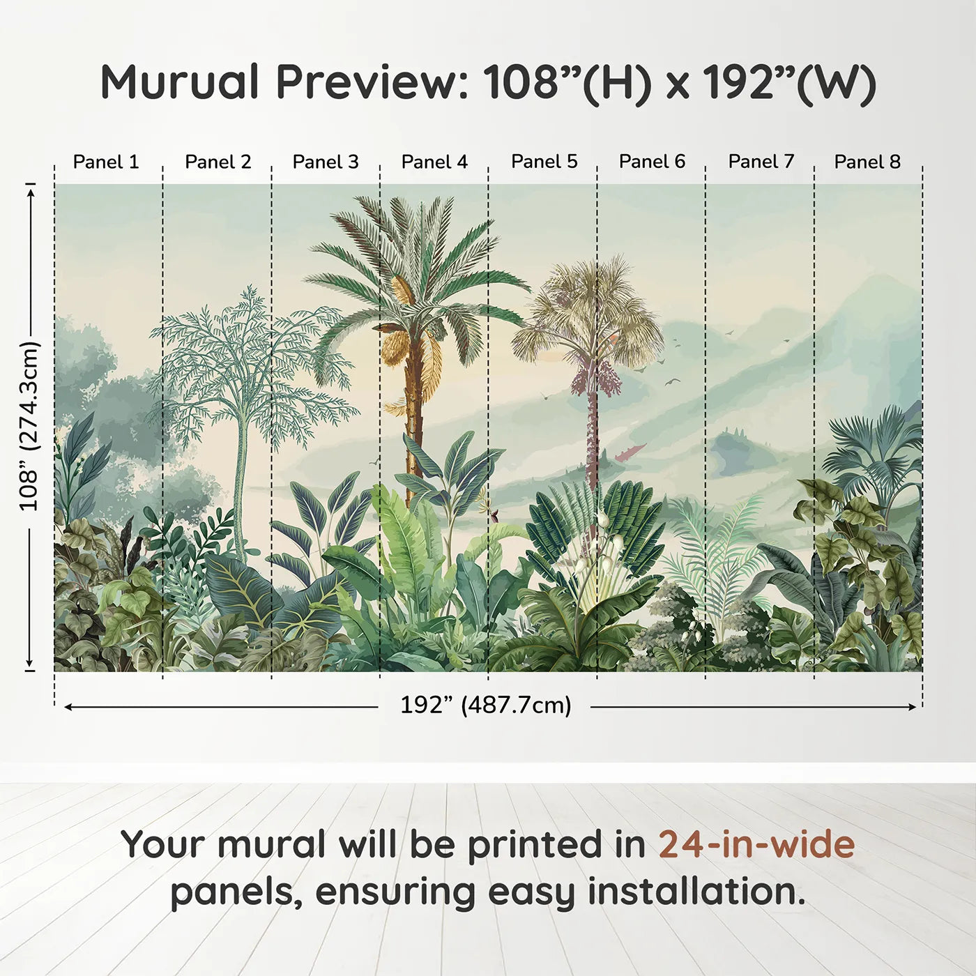 Whimsy Tots Misty Tropical Panorama Wall Muraldimension view (108" H x 192" W). Printed in eight 24-inch-wide panels. Gender-Neutral