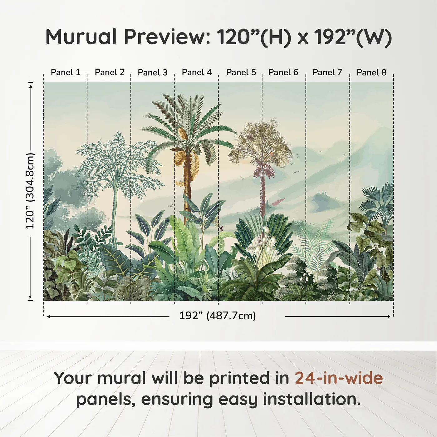 Whimsy Tots Misty Tropical Panorama Wall Muraldimension view (120" H x 192" W). Printed in eight 24-inch-wide panels. Gender-Neutral