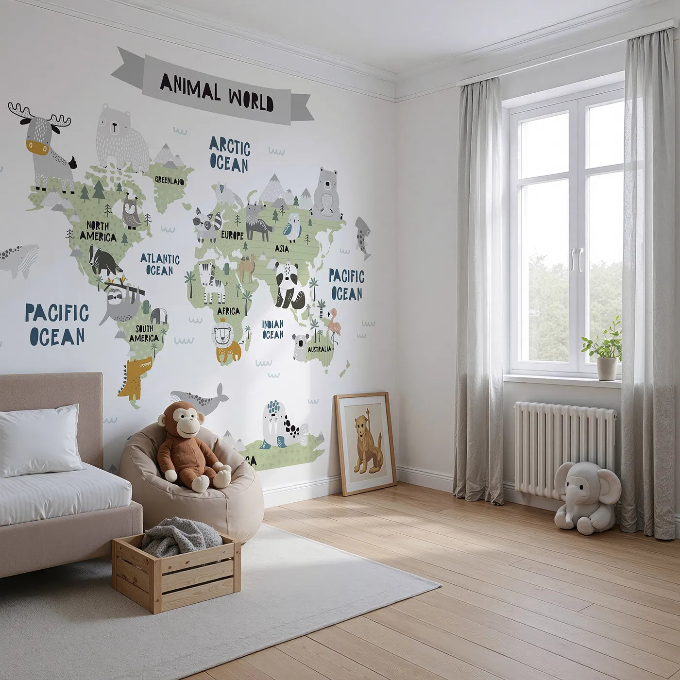 Angled view of Whimsy Tots' Scandinavian Animal World Map Wall Mural (Turn Their Room into a Stylish, Modern Global Tour).Gender-Neutral