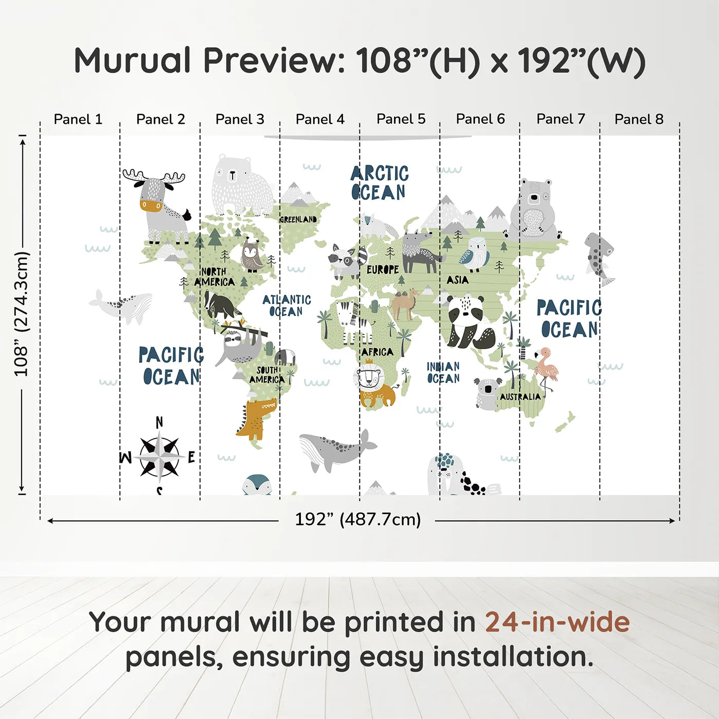 Whimsy Tots Scandinavian Animal World Map Wall Muraldimension view (108" H x 192" W). Printed in eight 24-inch-wide panels. Gender-Neutral