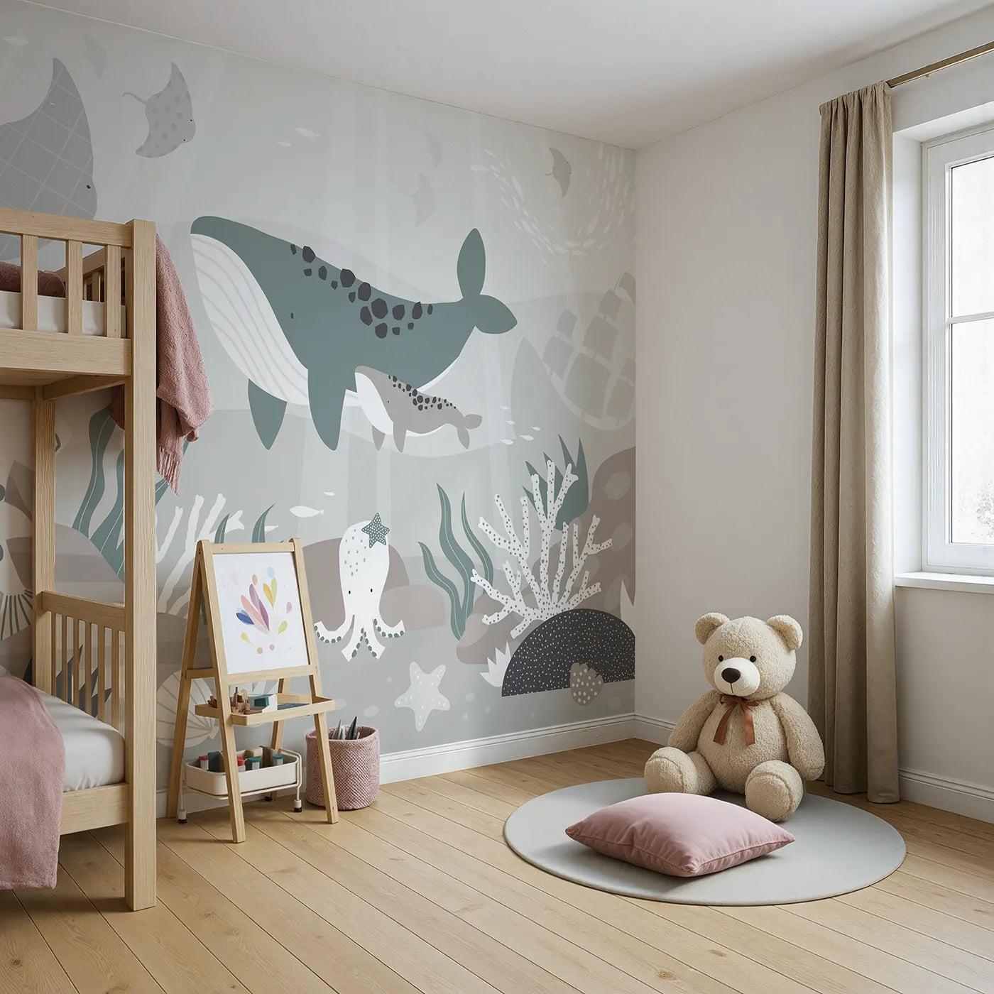 Angled view of Whimsy Tots' Misty Ocean Friends Wall Mural (Turn Their Room into a Gentle, Underwater Dreamscape).Gender-Neutral