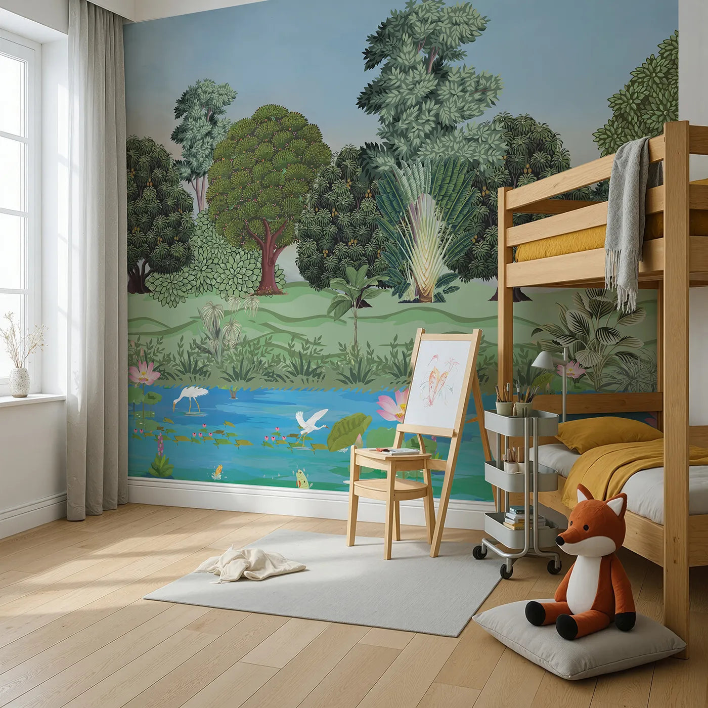 Angled view of Whimsy Tots' Lotus Pond Wall Mural (Turn Their Room into a Peaceful, Exotic Oasis).Gender-Neutral