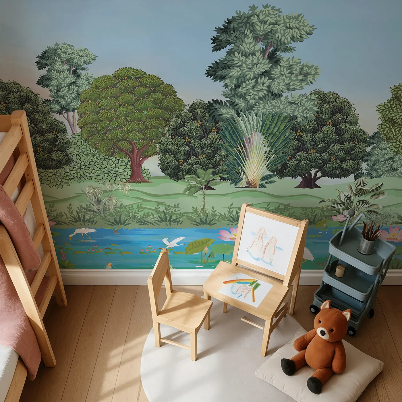 Top-down view of Whimsy Tots' Lotus Pond Wall Mural (Turn Their Room into a Peaceful, Exotic Oasis).Gender-Neutral