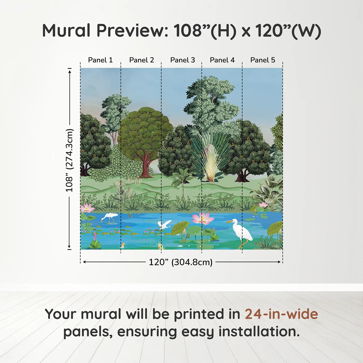 Whimsy Tots Lotus Pond Wall Muraldimension view (108" H x 120" W). Printed in five 24-inch-wide panels. Gender-Neutral