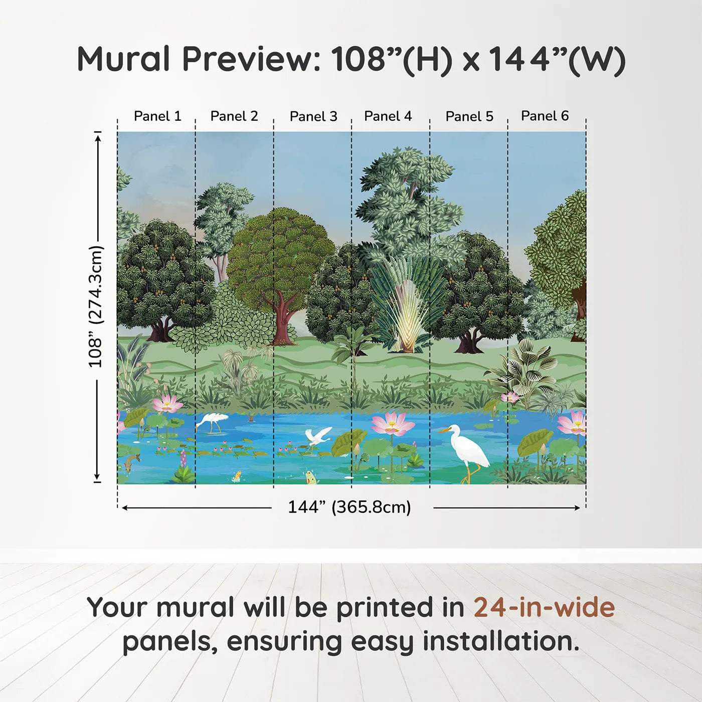 Whimsy Tots Lotus Pond Wall Muraldimension view (108" H x 144" W). Printed in six 24-inch-wide panels. Gender-Neutral