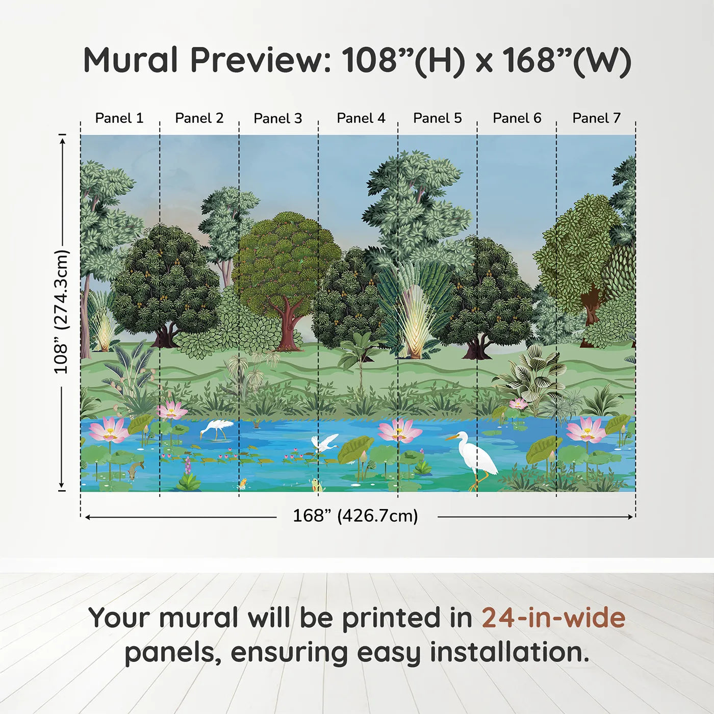 Whimsy Tots Lotus Pond Wall Muraldimension view (108" H x 168" W). Printed in seven 24-inch-wide panels. Gender-Neutral
