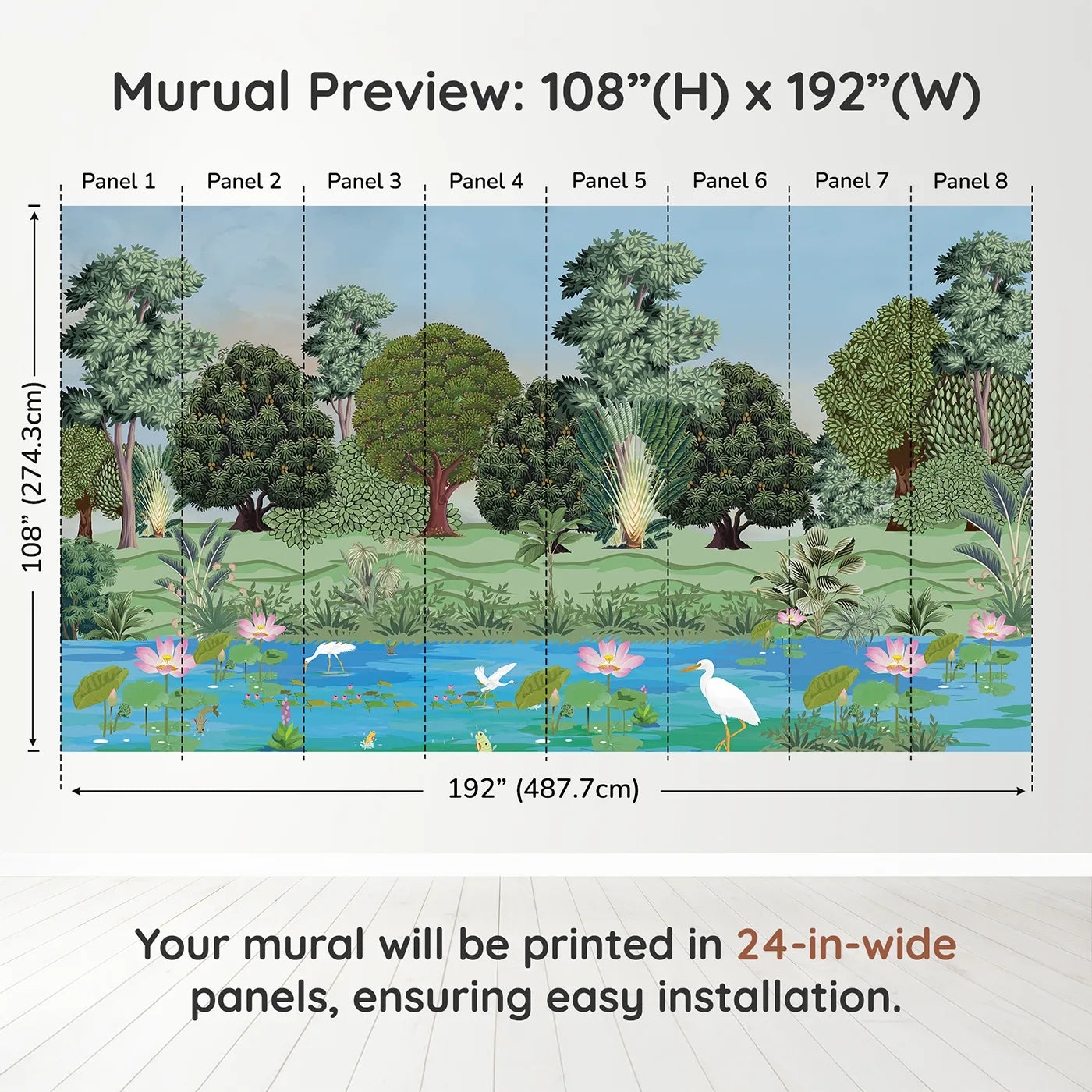 Whimsy Tots Lotus Pond Wall Muraldimension view (108" H x 192" W). Printed in eight 24-inch-wide panels. Gender-Neutral
