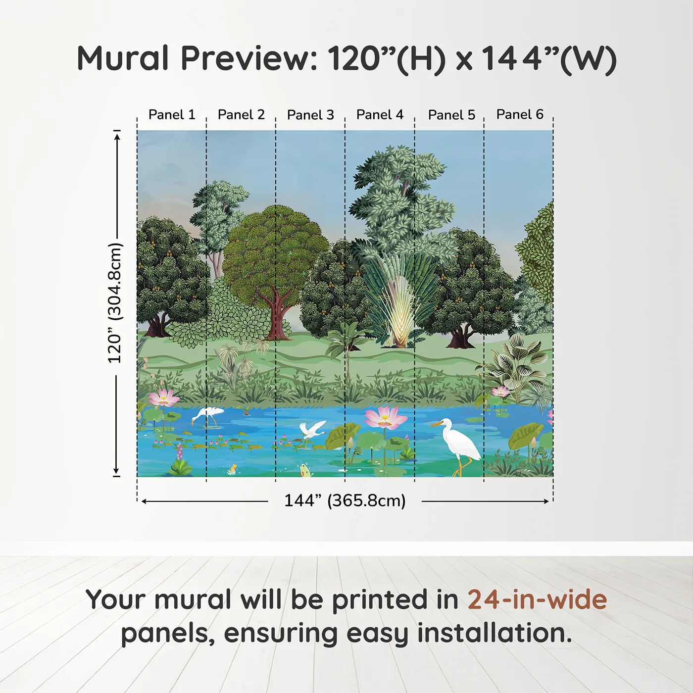 Whimsy Tots Lotus Pond Wall Muraldimension view (120" H x 144" W). Printed in six 24-inch-wide panels. Gender-Neutral