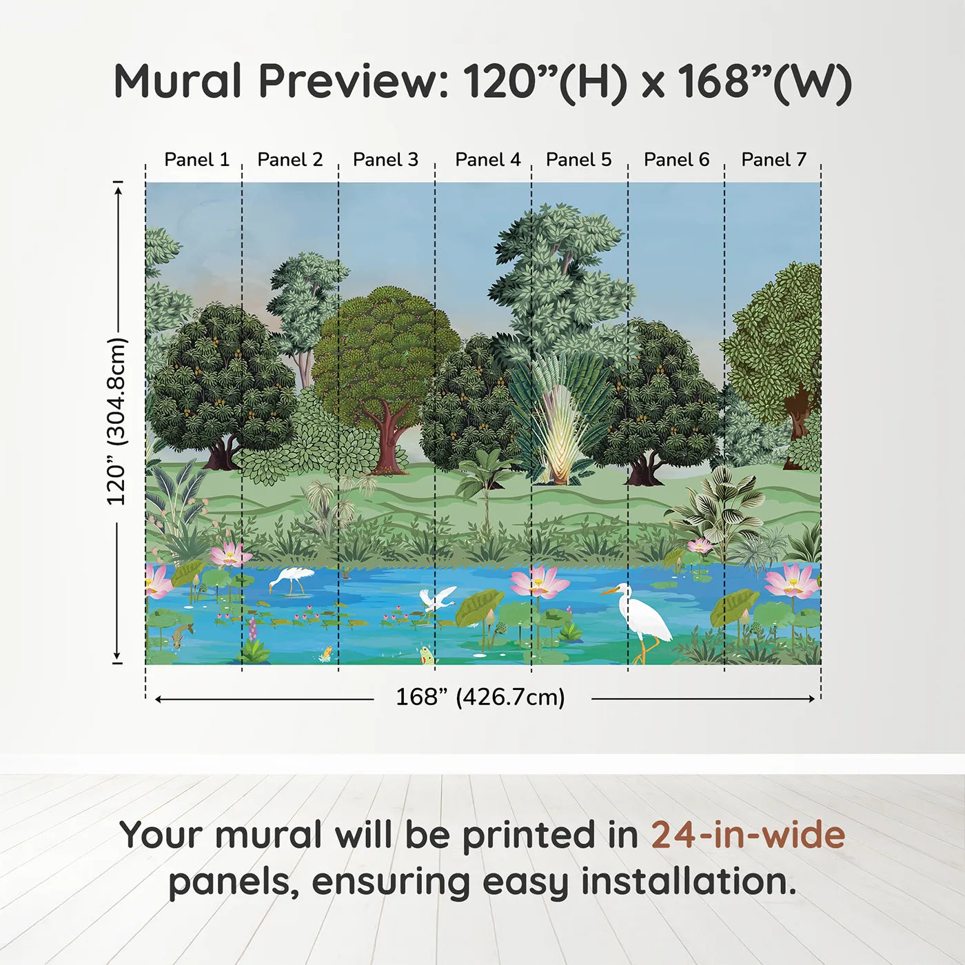 Whimsy Tots Lotus Pond Wall Muraldimension view (120" H x 168" W). Printed in seven 24-inch-wide panels. Gender-Neutral