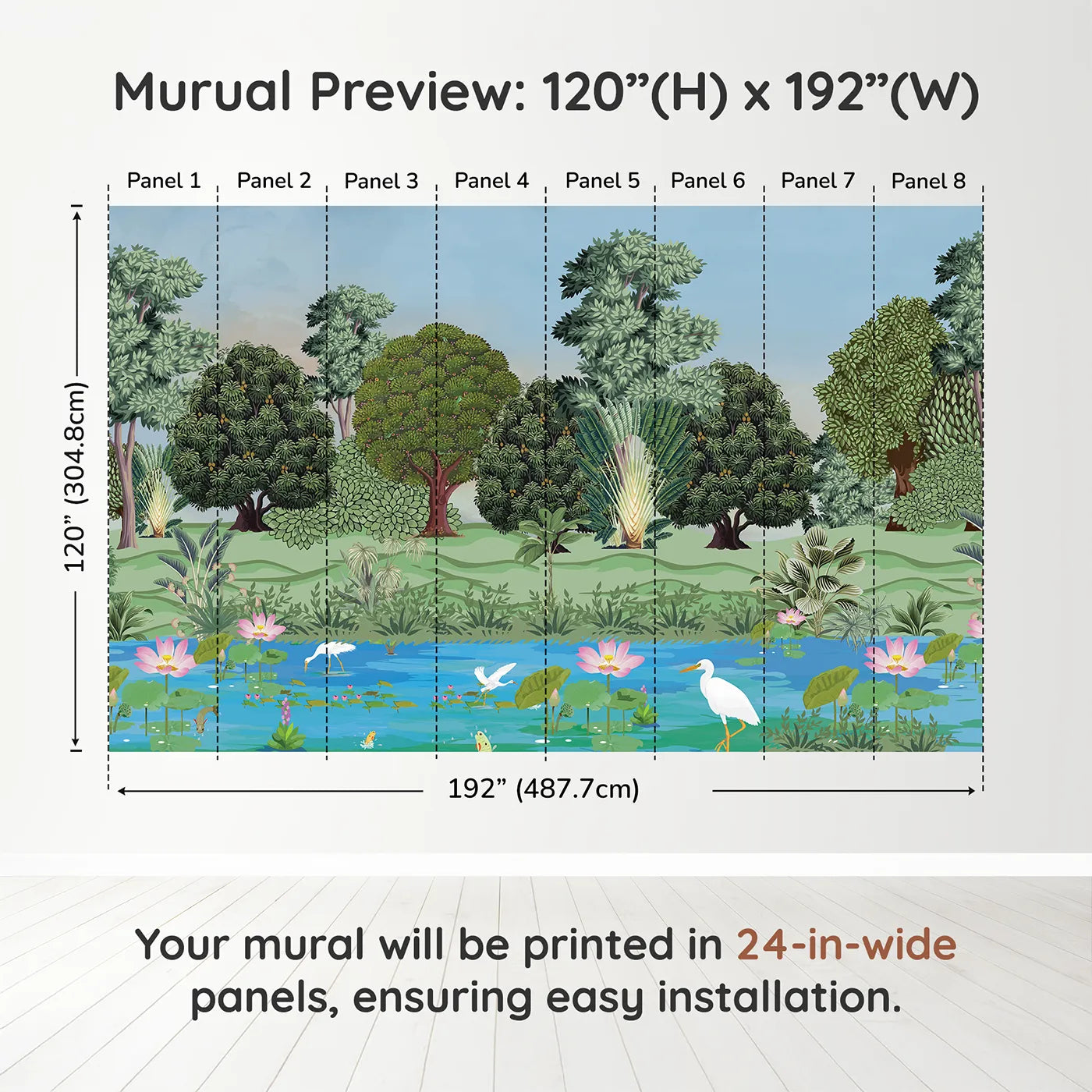 Whimsy Tots Lotus Pond Wall Muraldimension view (120" H x 192" W). Printed in eight 24-inch-wide panels. Gender-Neutral