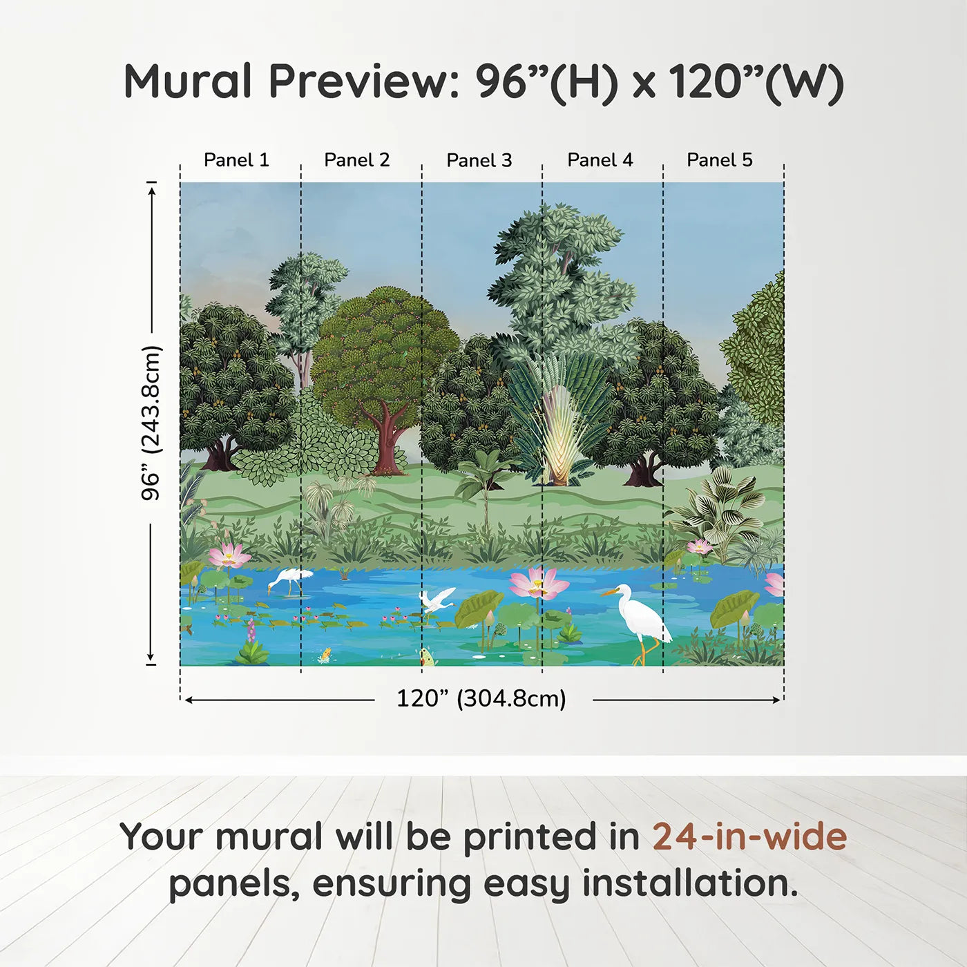 Whimsy Tots Lotus Pond Wall Muraldimension view (96" H x 120" W). Printed in five 24-inch-wide panels. Gender-Neutral