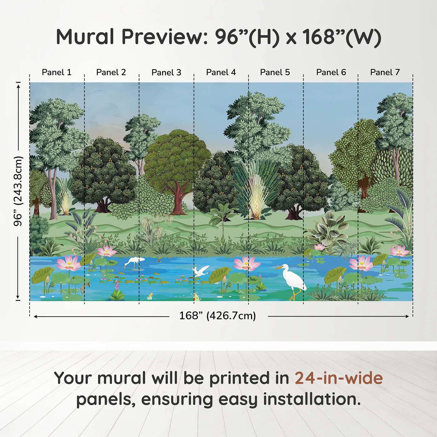 Whimsy Tots Lotus Pond Wall Muraldimension view (96" H x 168" W). Printed in seven 24-inch-wide panels. Gender-Neutral