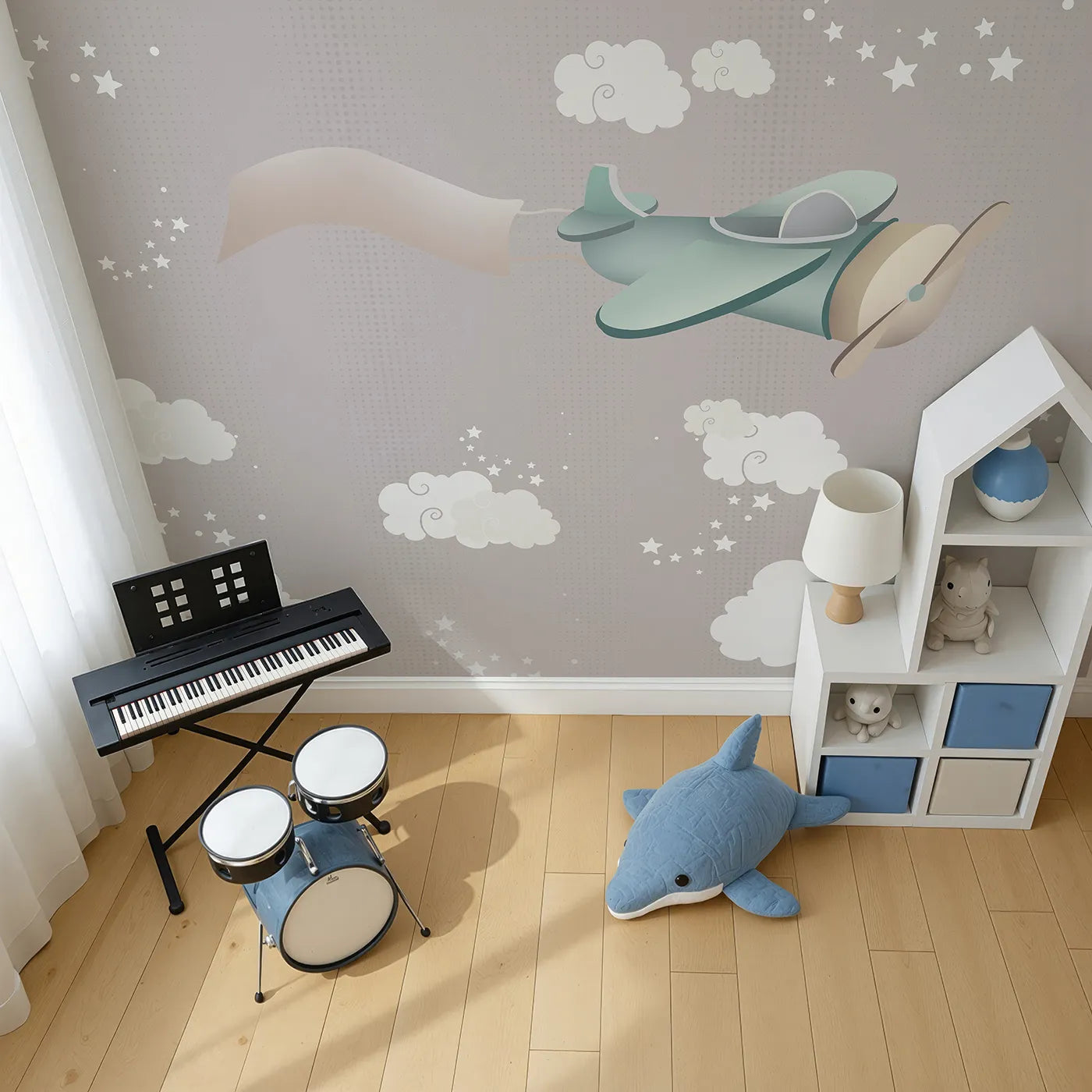 Top-down view of Whimsy Tots' Starry Sky Banner Plane Wall Mural (Turn Their Room into a Gentle, High-Flying Dream).Gender-Neutral