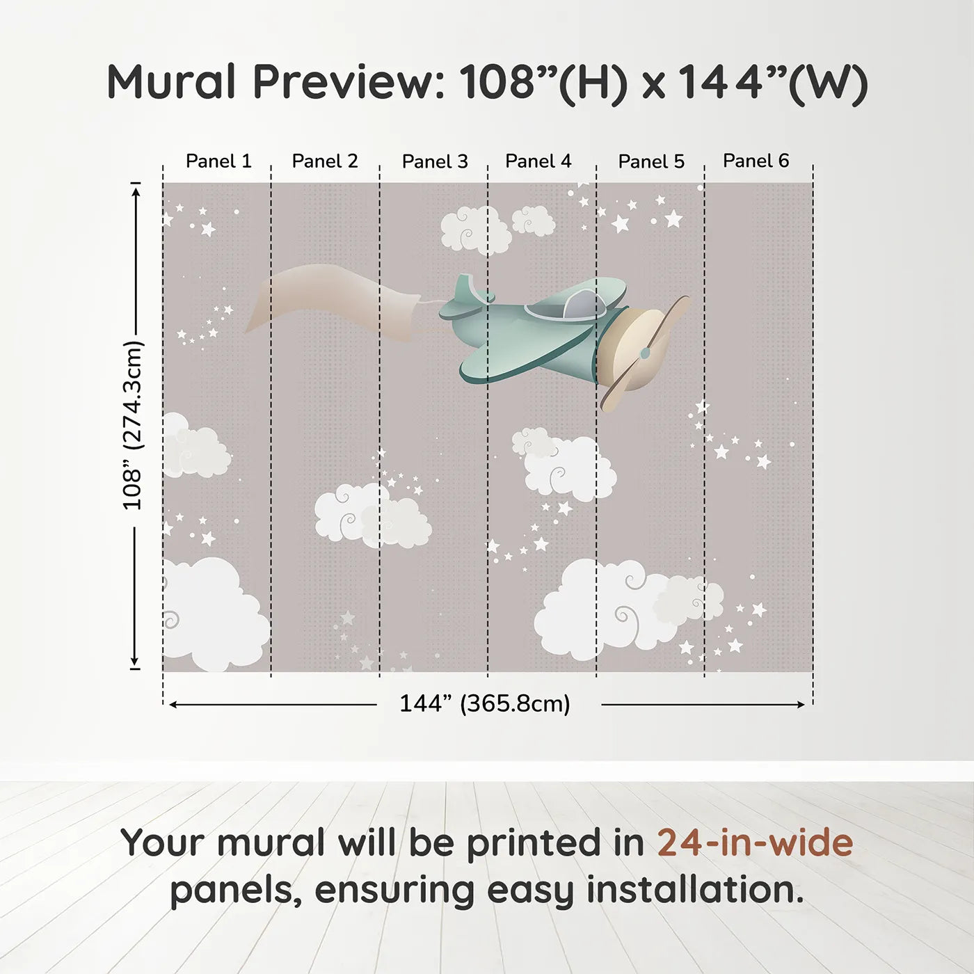 Whimsy Tots Starry Sky Banner Plane Wall Muraldimension view (108" H x 144" W). Printed in six 24-inch-wide panels. Gender-Neutral