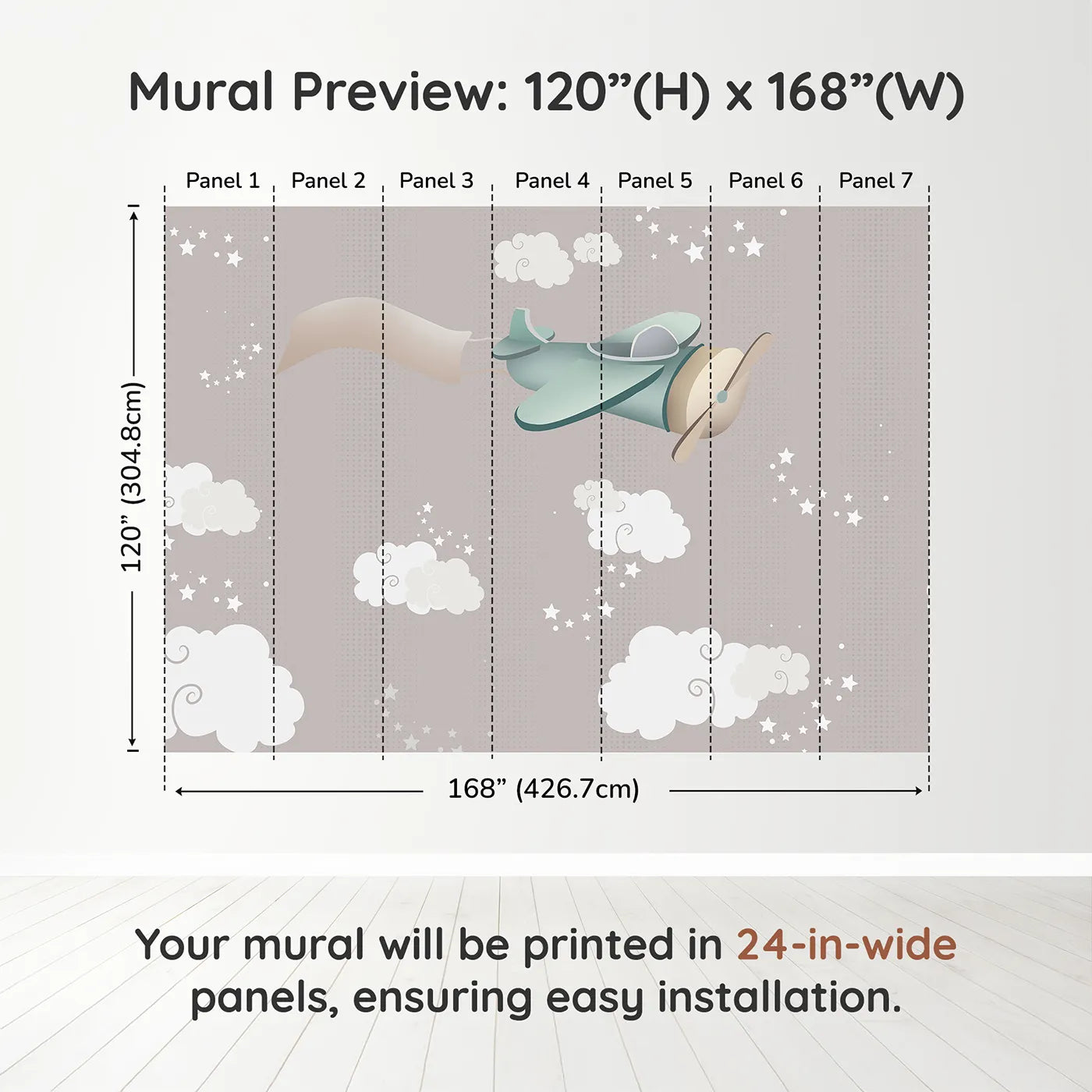 Whimsy Tots Starry Sky Banner Plane Wall Muraldimension view (120" H x 168" W). Printed in seven 24-inch-wide panels. Gender-Neutral