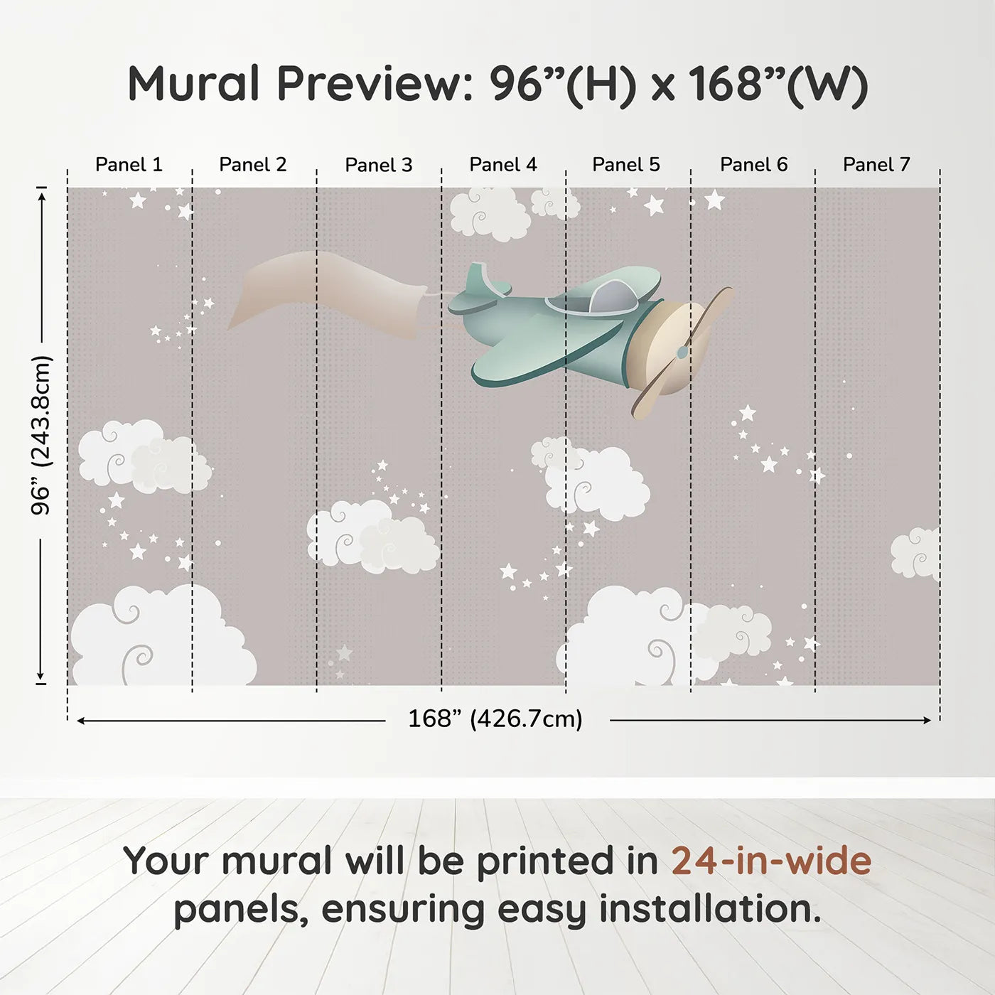 Whimsy Tots Starry Sky Banner Plane Wall Muraldimension view (96" H x 168" W). Printed in seven 24-inch-wide panels. Gender-Neutral