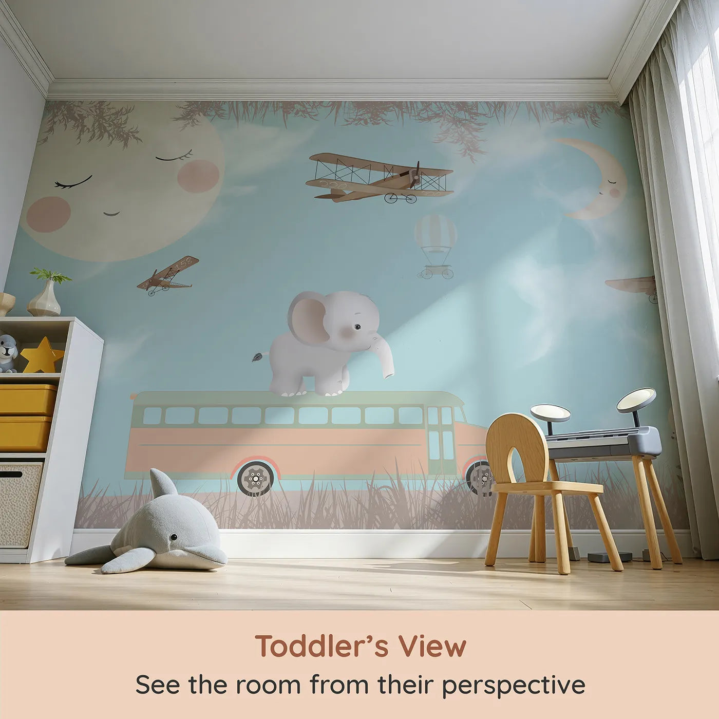 Whimsy Tots Safari School Bus Wall Mural (Turn Their Room into the Sweetest, Most Whimsical School Trip) from your child's view.Gender-Neutral