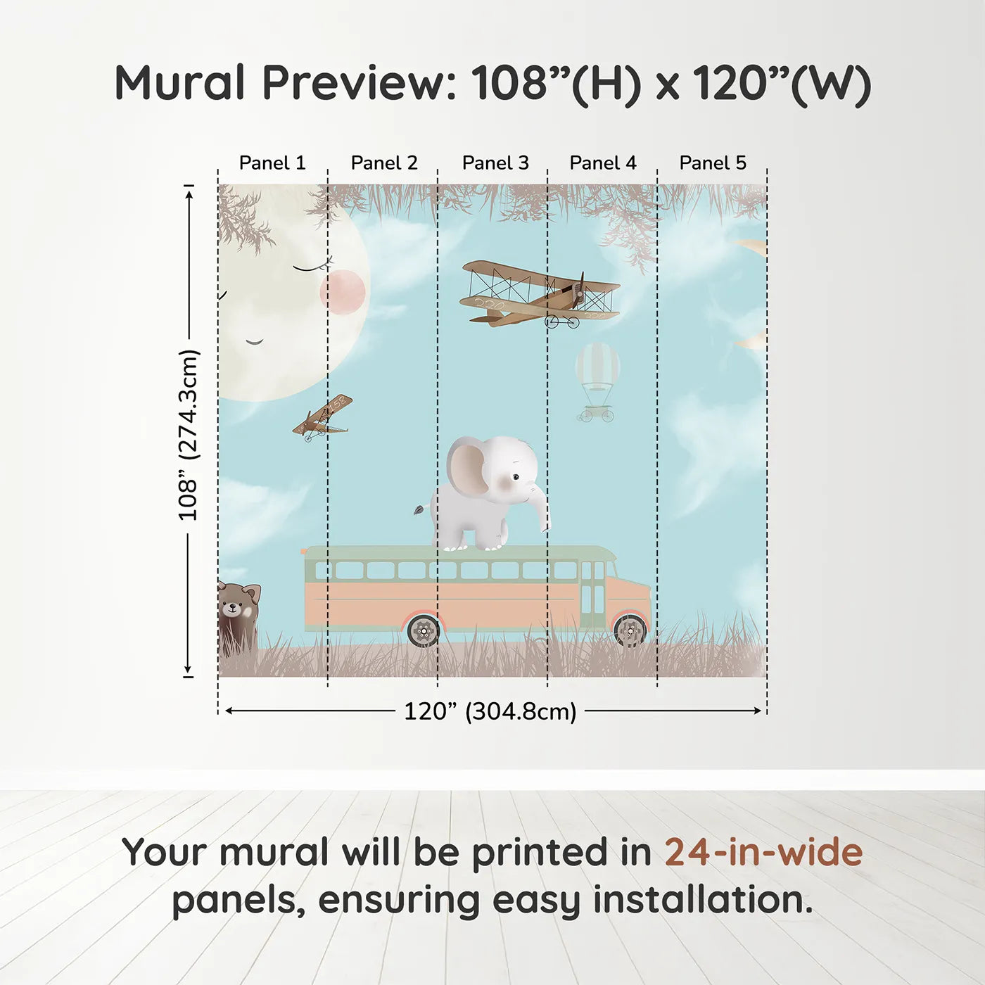 Whimsy Tots Safari School Bus Wall Muraldimension view (108" H x 120" W). Printed in five 24-inch-wide panels. Gender-Neutral