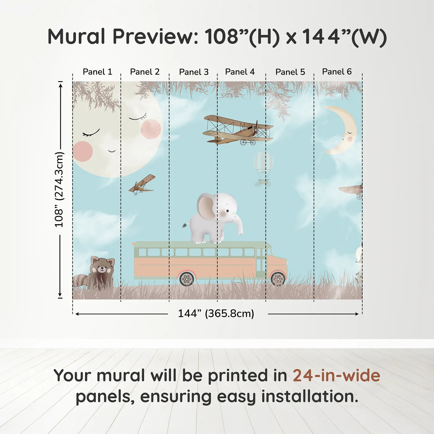 Whimsy Tots Safari School Bus Wall Muraldimension view (108" H x 144" W). Printed in six 24-inch-wide panels. Gender-Neutral