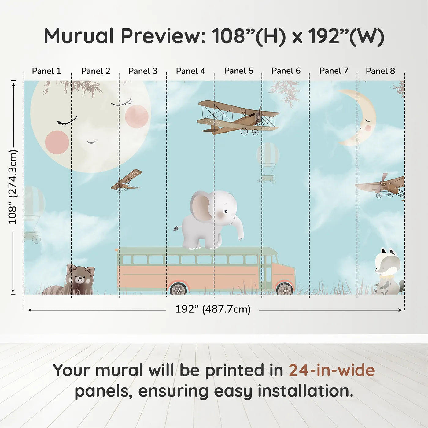 Whimsy Tots Safari School Bus Wall Muraldimension view (108" H x 192" W). Printed in eight 24-inch-wide panels. Gender-Neutral