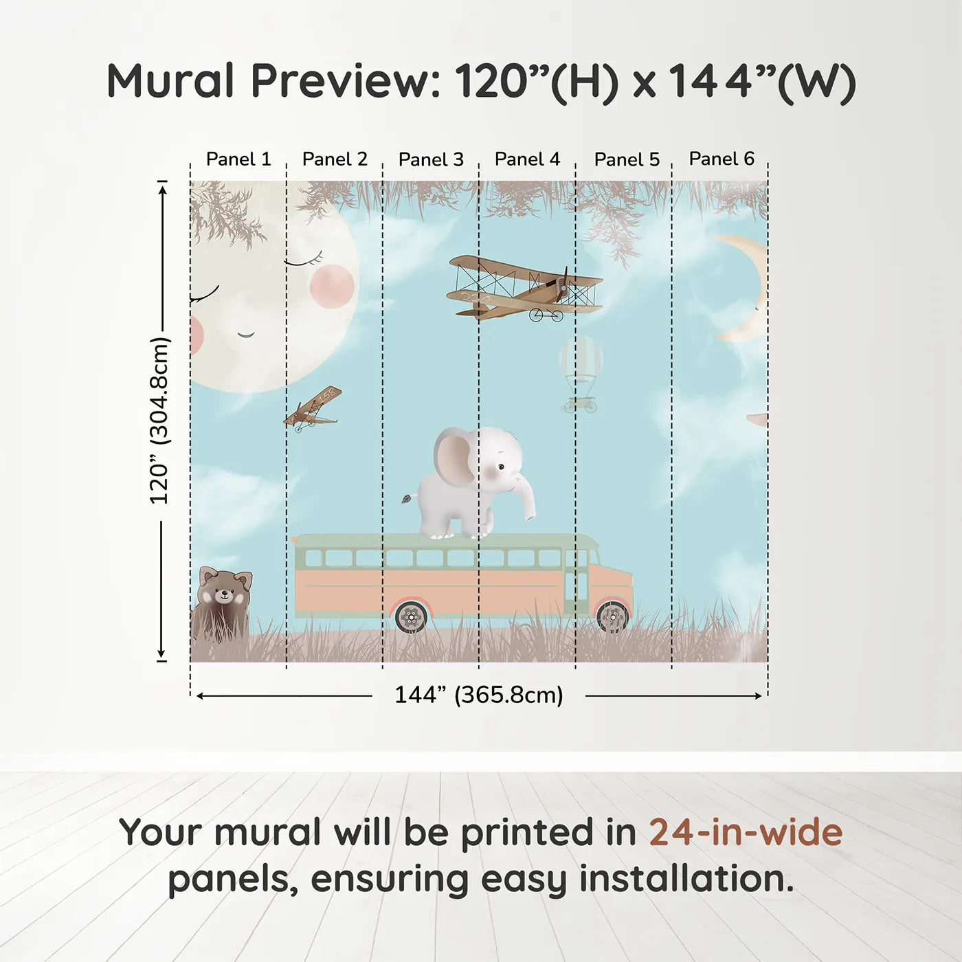 Whimsy Tots Safari School Bus Wall Muraldimension view (120" H x 144" W). Printed in six 24-inch-wide panels. Gender-Neutral