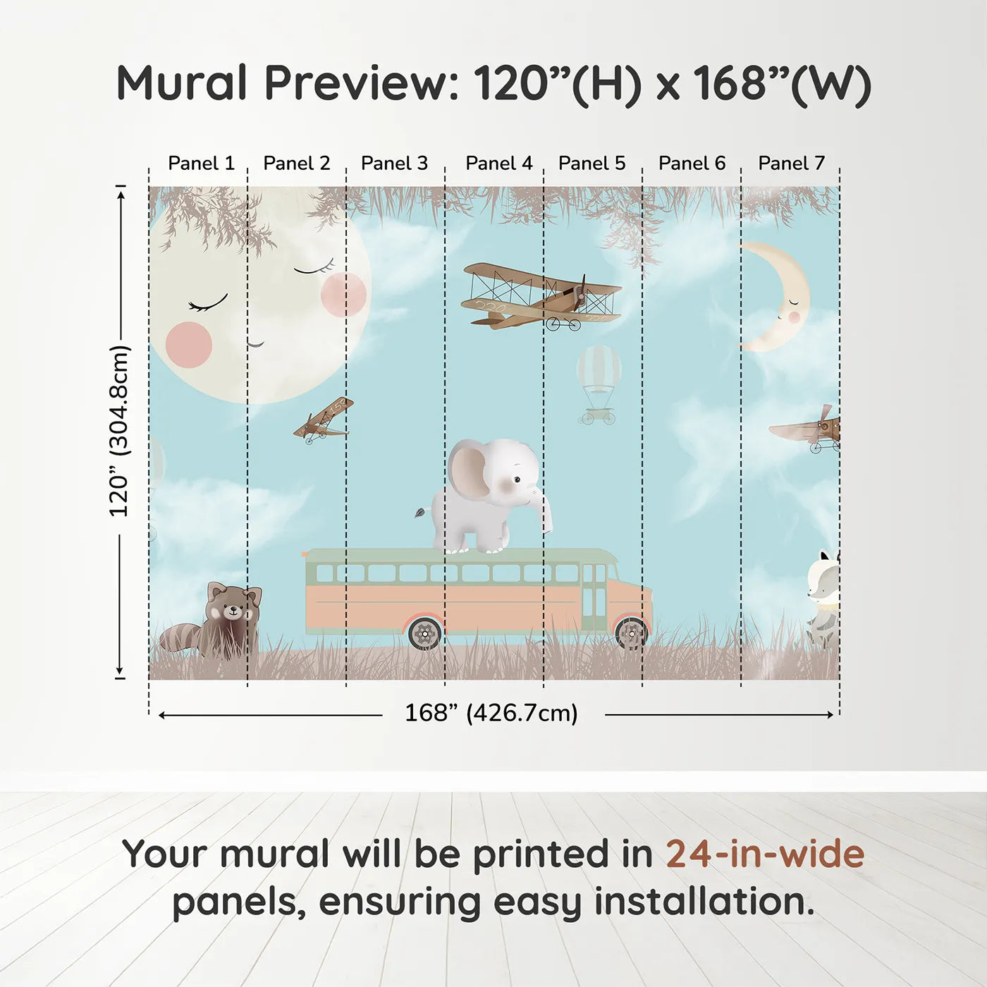 Whimsy Tots Safari School Bus Wall Muraldimension view (120" H x 168" W). Printed in seven 24-inch-wide panels. Gender-Neutral