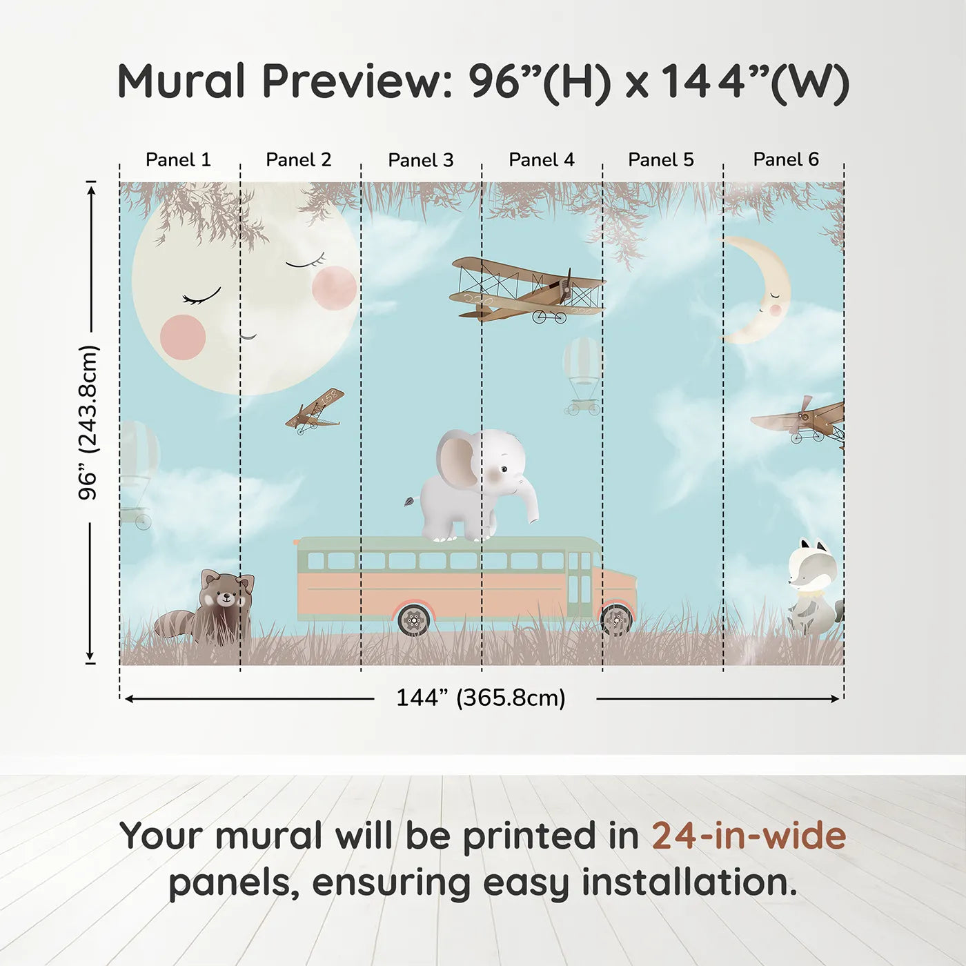 Whimsy Tots Safari School Bus Wall Muraldimension view (96" H x 144" W). Printed in six 24-inch-wide panels. Gender-Neutral