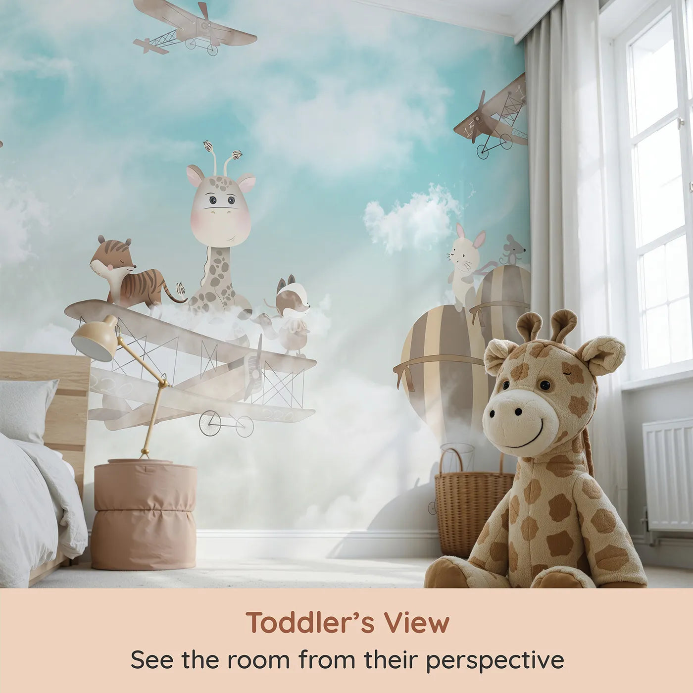 Whimsy Tots Safari Sky High Wall Mural (Turn Their Room into a Whimsical, High-Flying Adventure) from your child's view.Gender-Neutral