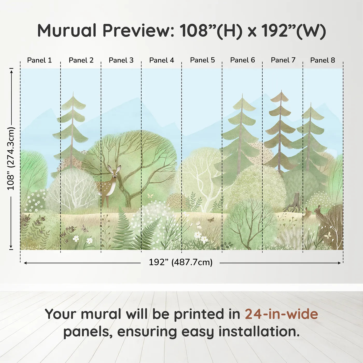 Whimsy Tots Gentle Woodland Wall Mural in Greendimension view (108" H x 192" W). Printed in eight 24-inch-wide panels. Gender-Neutral