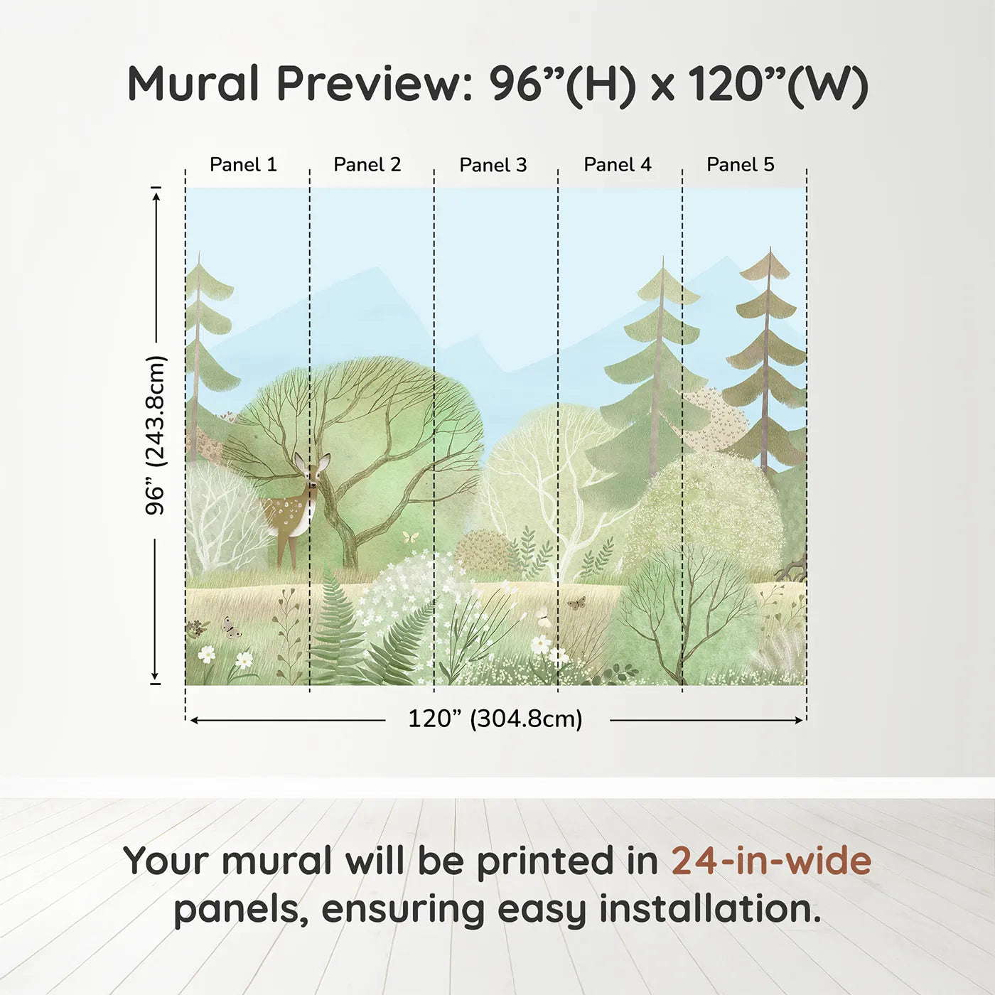 Whimsy Tots Gentle Woodland Wall Mural in Greendimension view (96" H x 120" W). Printed in five 24-inch-wide panels. Gender-Neutral