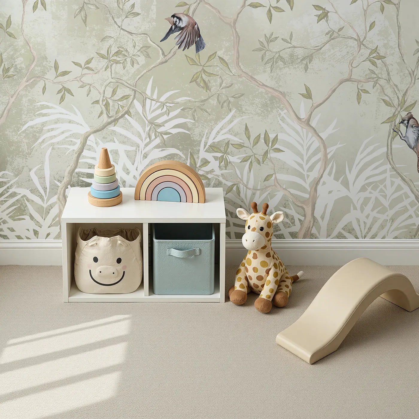 Top-down view of Whimsy Tots' Sparrow Grove Wall Mural (Turn Their Room into a Gentle, Whispering Woodland).Gender-Neutral