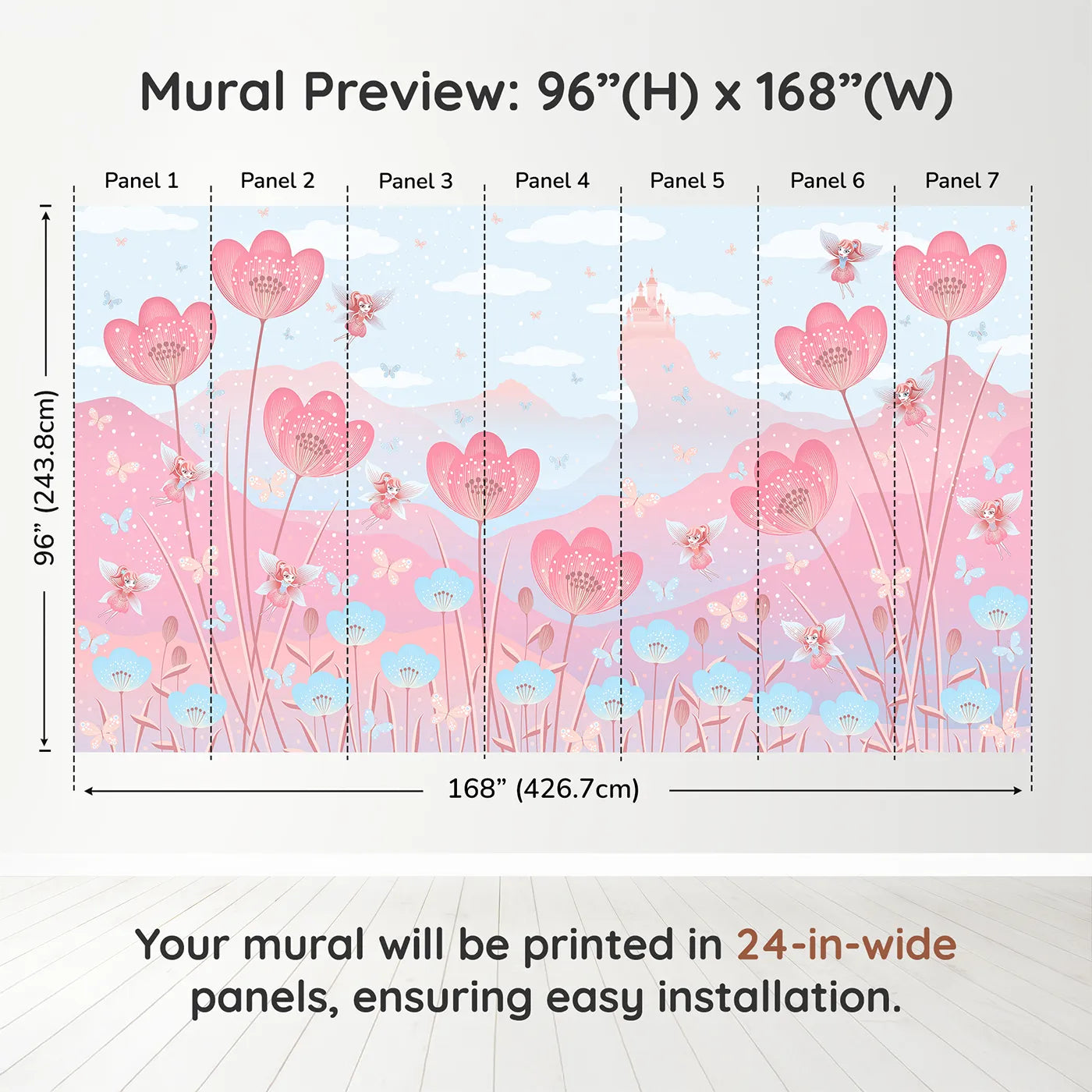 Whimsy Tots Fairy Flower Meadow Wall Mural in Pinkdimension view (96" H x 168" W). Printed in seven 24-inch-wide panels. Best for Girls