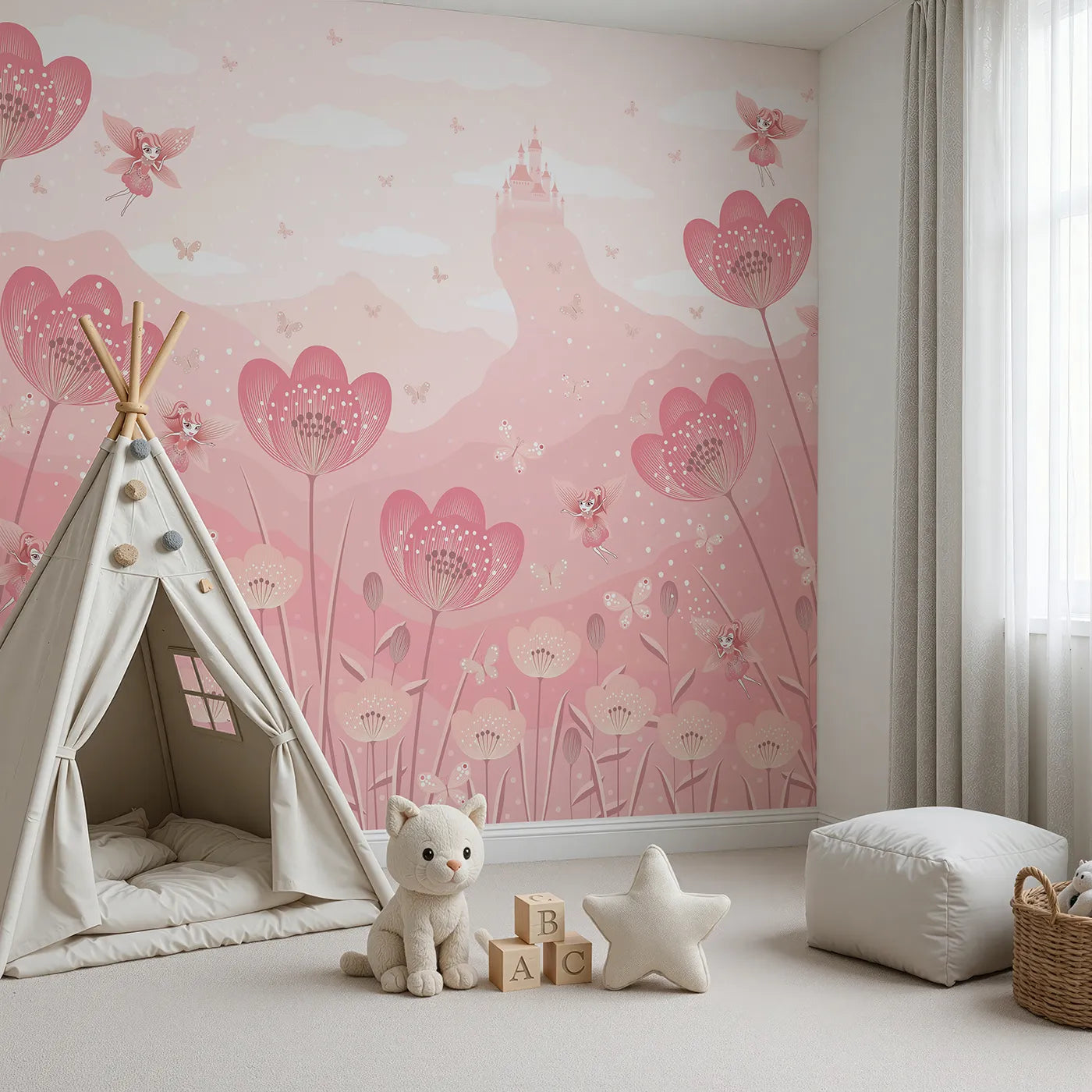 Angled view of Whimsy Tots' Fairy Flower Meadow Wall Mural in Monochrome (Turn Their Room into a Magical, Enchanted Meadow).Best for Girls