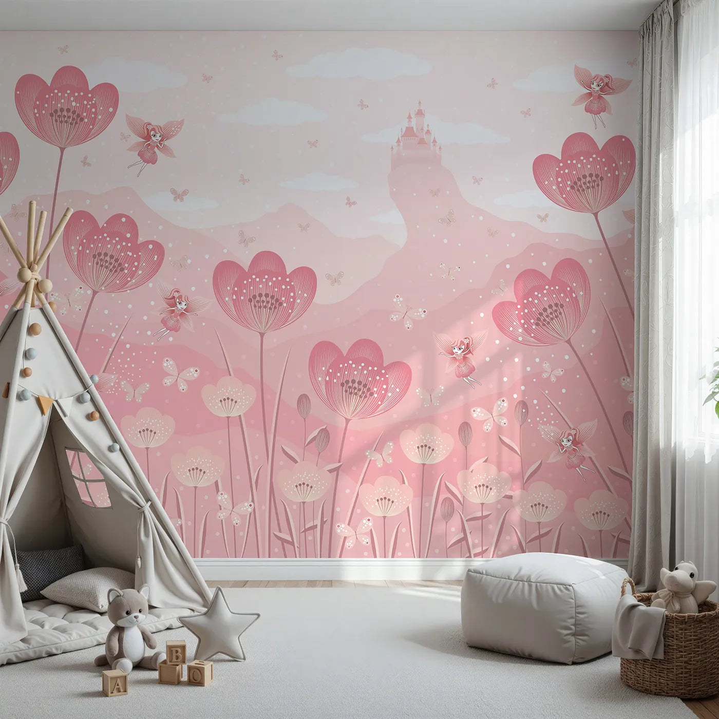 Front view of Whimsy Tots' Fairy Flower Meadow Wall Mural in Monochrome