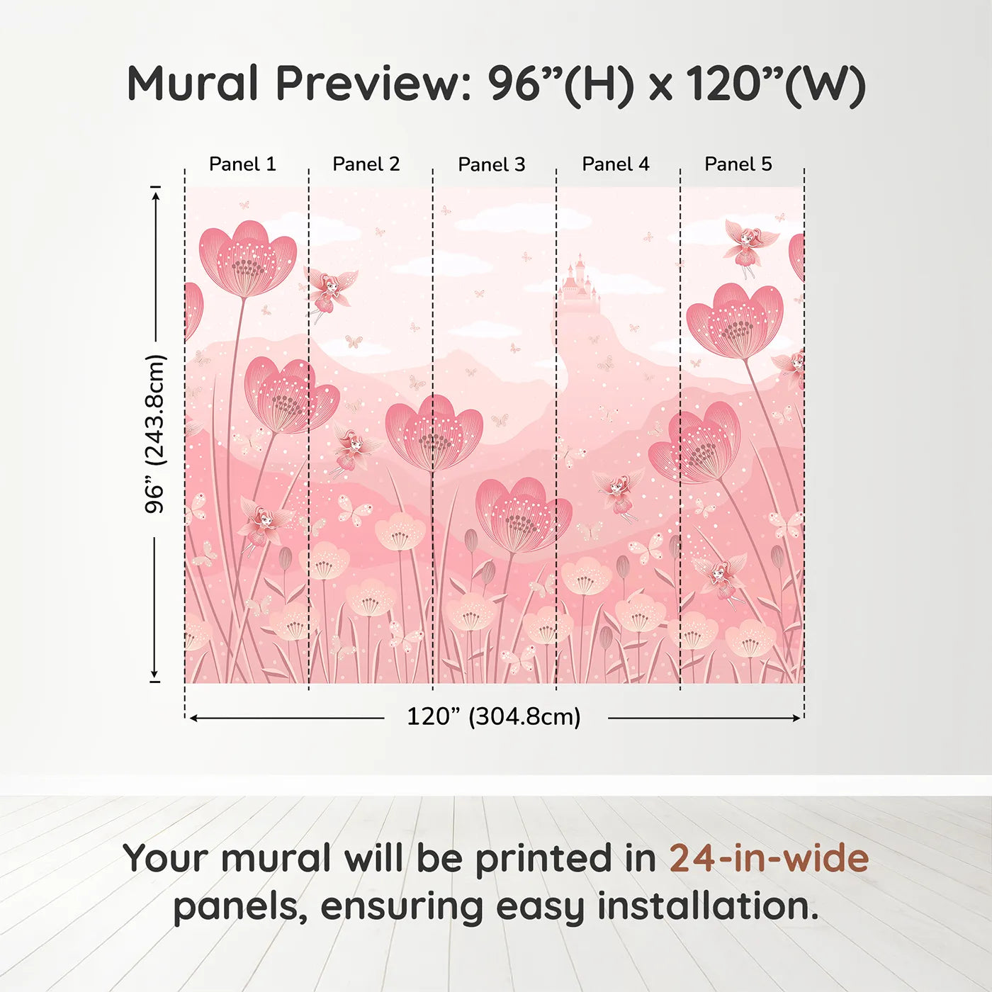 Whimsy Tots Fairy Flower Meadow Wall Mural in Monochromedimension view (96" H x 120" W). Printed in five 24-inch-wide panels. Best for Girls